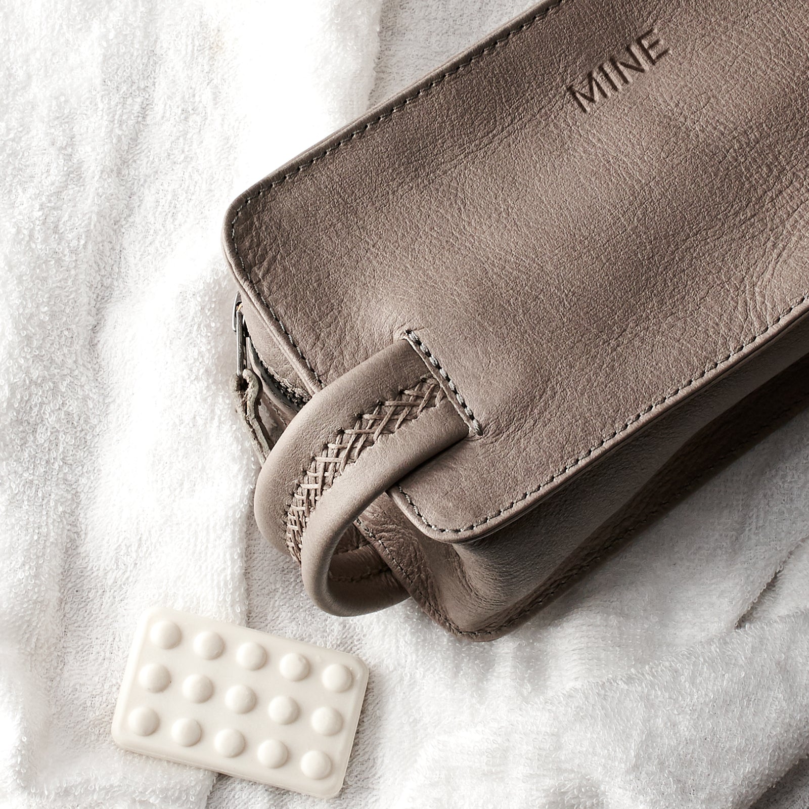 Custom Initials engraving. Grey leather waterproof toiletry bag for travelers. Handmade mens travel dopp kit