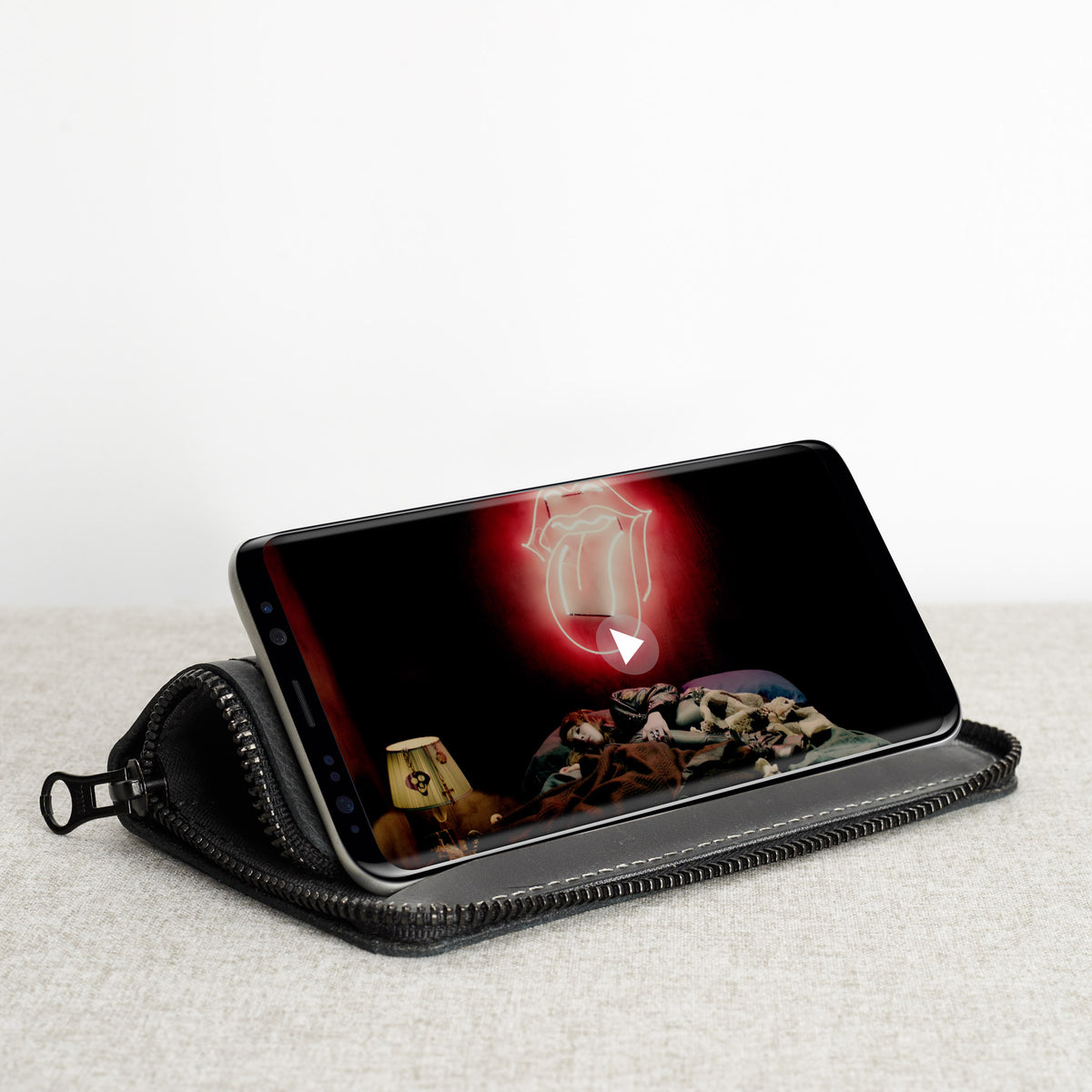 Hands free stand. Black handcrafted leather stand case for the Samsung Galaxy S8 and S8 Plus. Samsung sleeve wallet with card holder