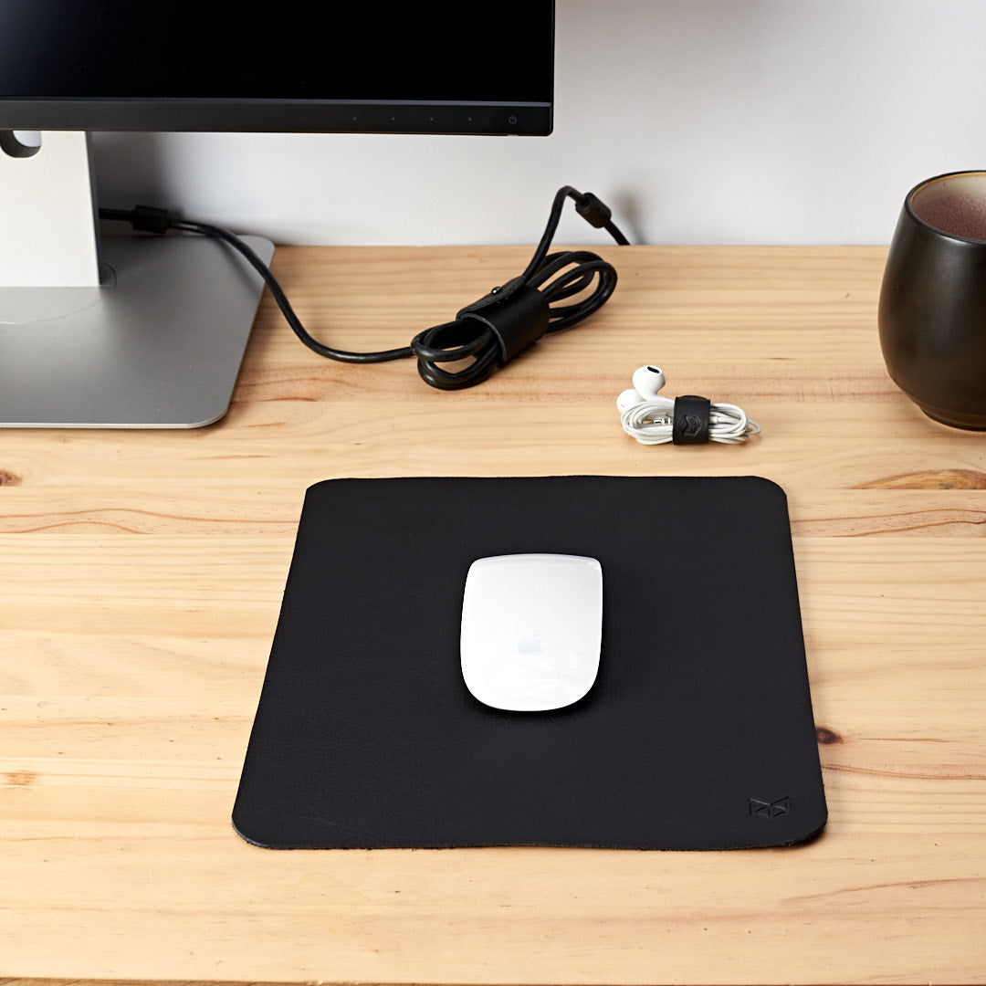 Minimalistic black Leather Mouse Pad + Cable Organizers, Boyfriend gift, Mousepads, Personalized stationary, Custom office supplies