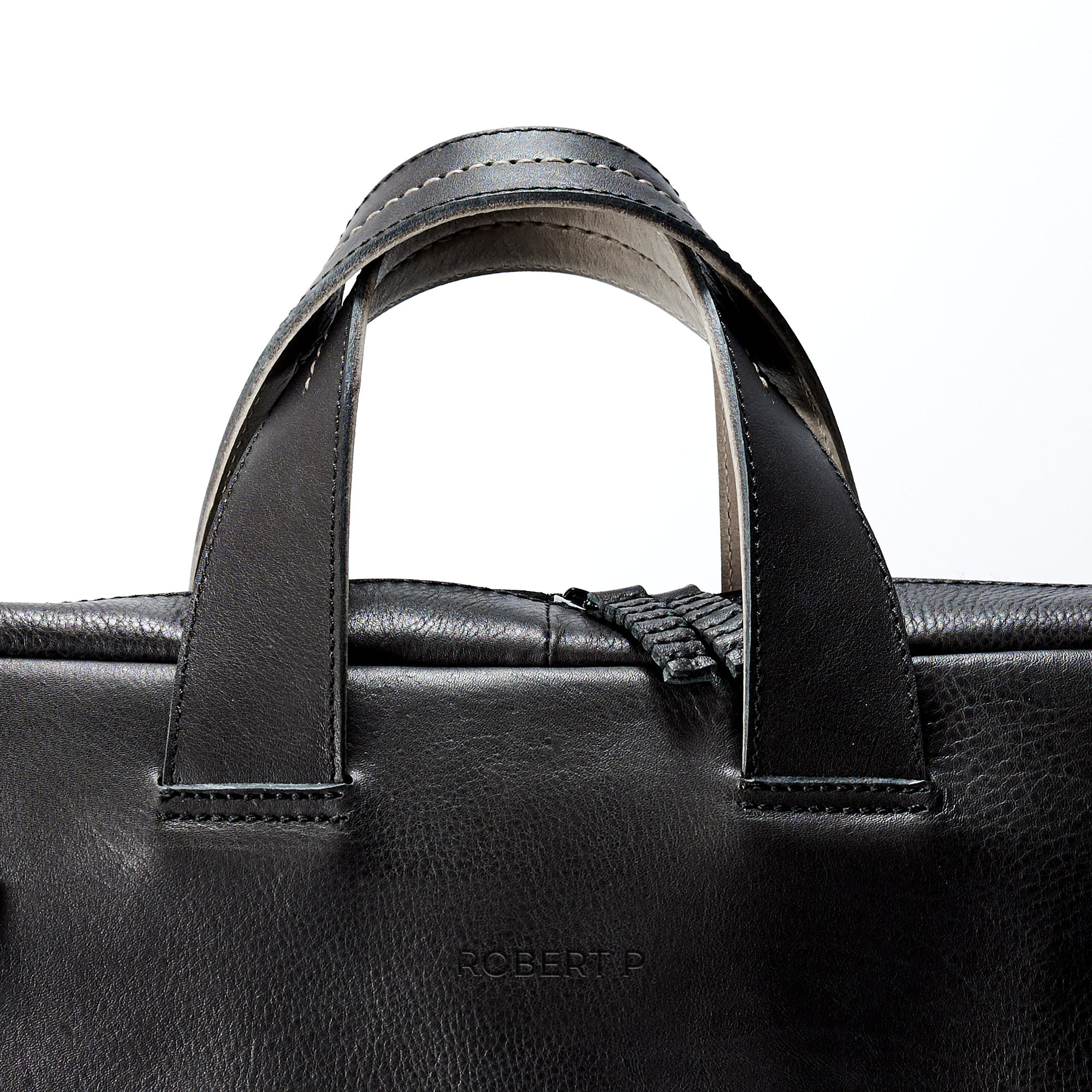 Personalized engraving. Custom black leather briefcase. Office style workbag
