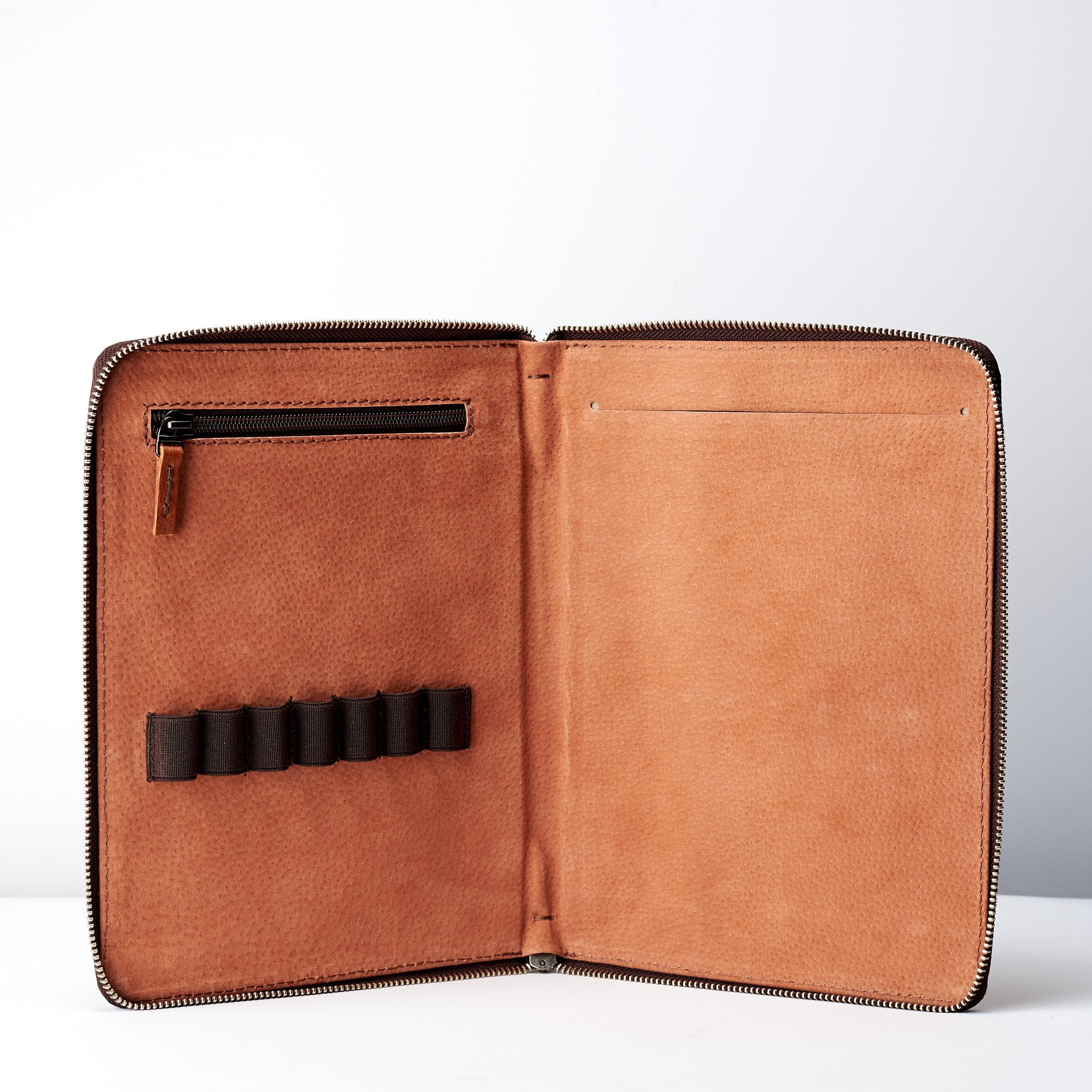 Interior. Pen pencil slot. A5 leather notebook cover by Capra Leather. Gifts for artists.