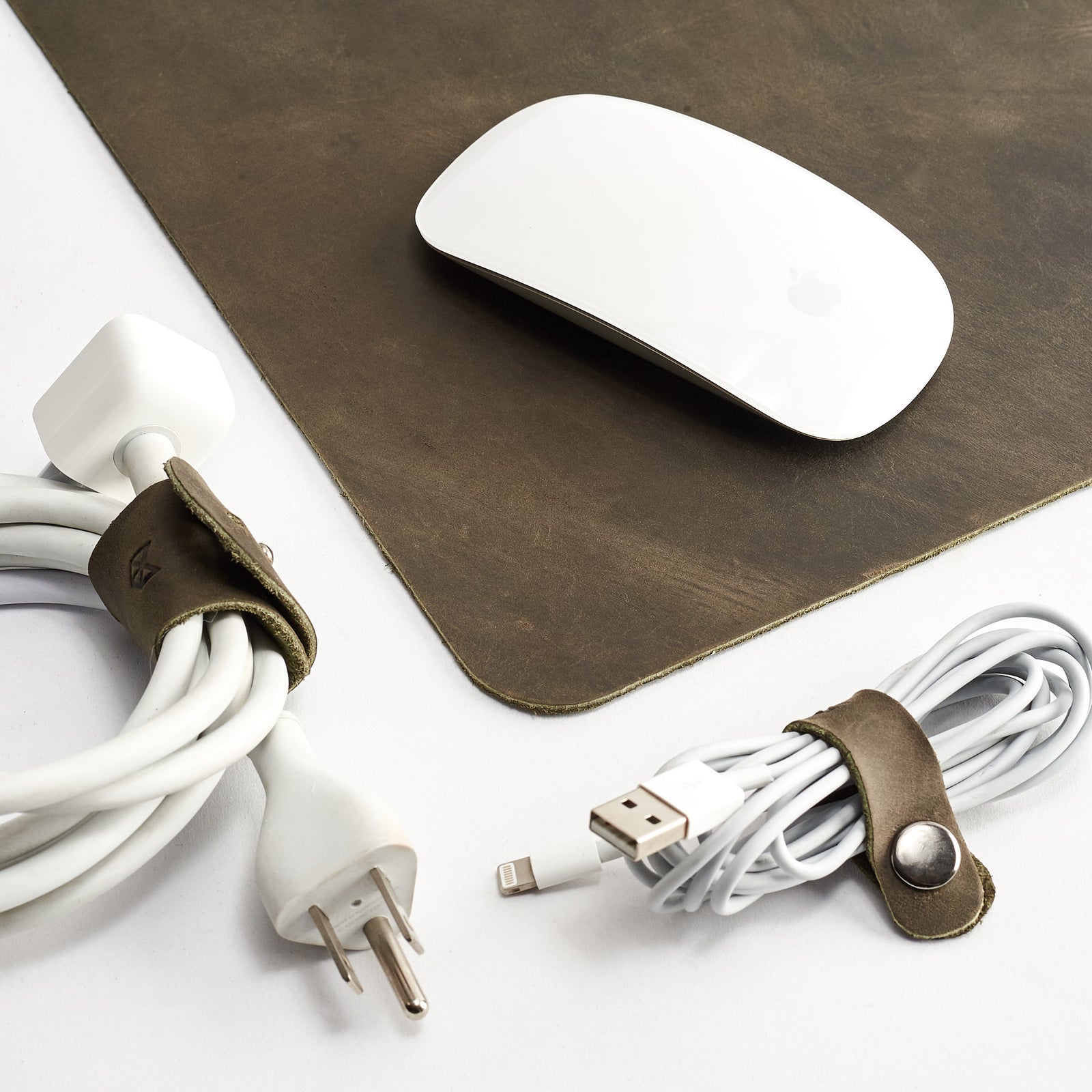 Minimalistic Green Leather Mouse Pad + Cable Organizers, Boyfriend gift, Mousepads, Personalized stationary, Custom office supplies