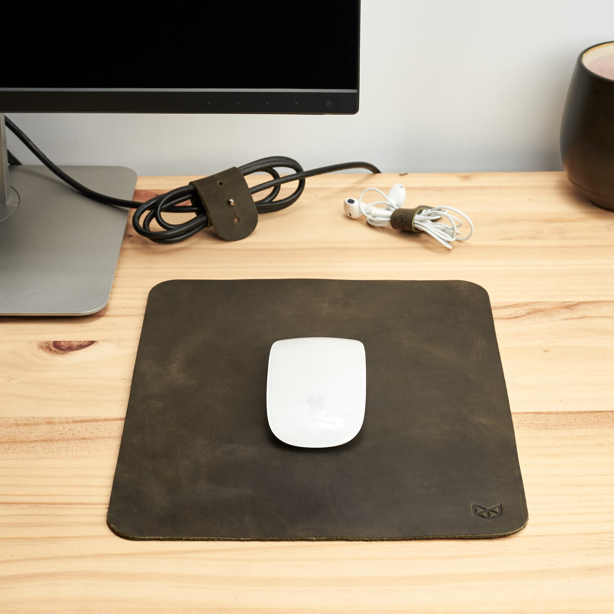 Minimalistic Green Leather Mouse Pad + Cable Organizers, Boyfriend gift, Mousepads, Personalized stationary, Custom office supplies