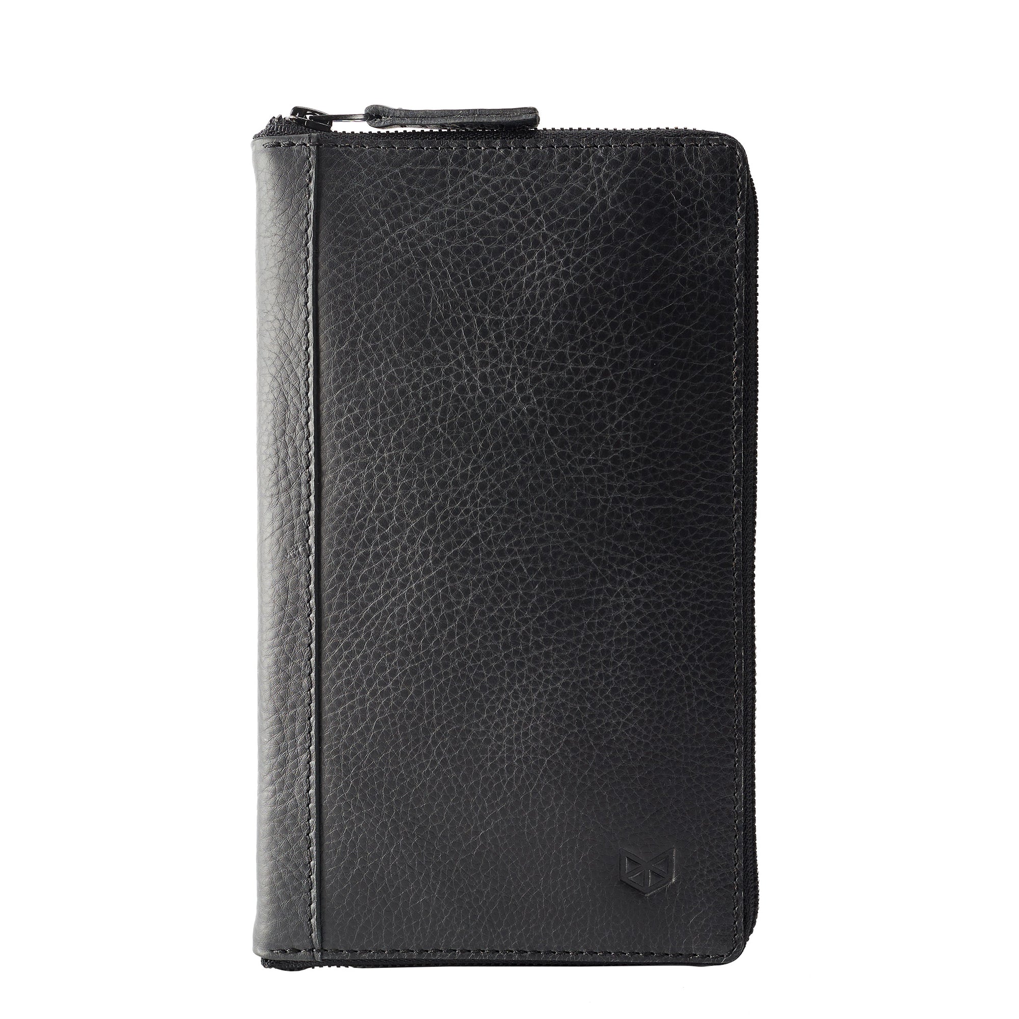 Front. Black Passport Holder for travelers, document organizer, travel journal by Capra Leather