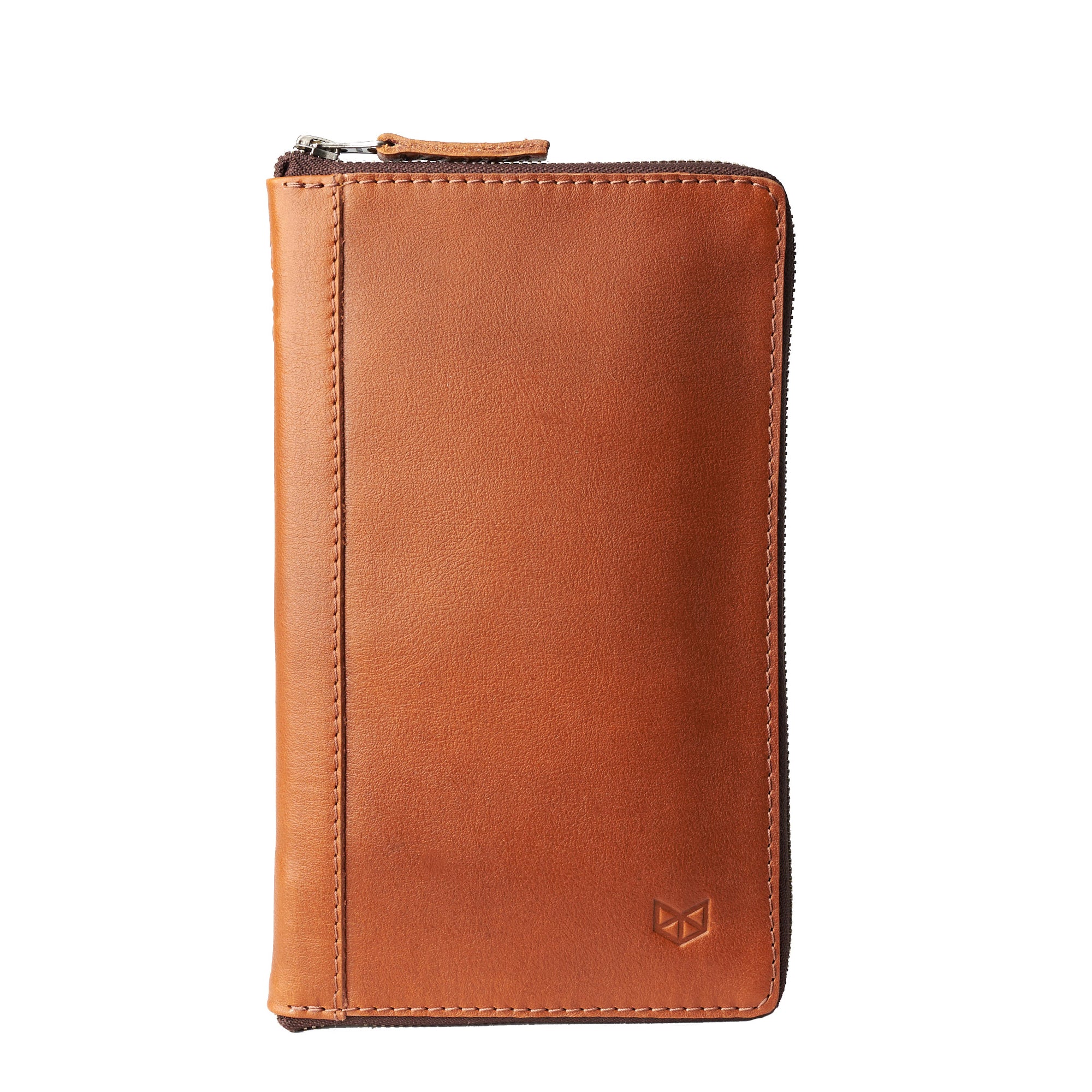 Front tan leather passport wallet. Perfect for travelers. Gift for men by Capra Leather.