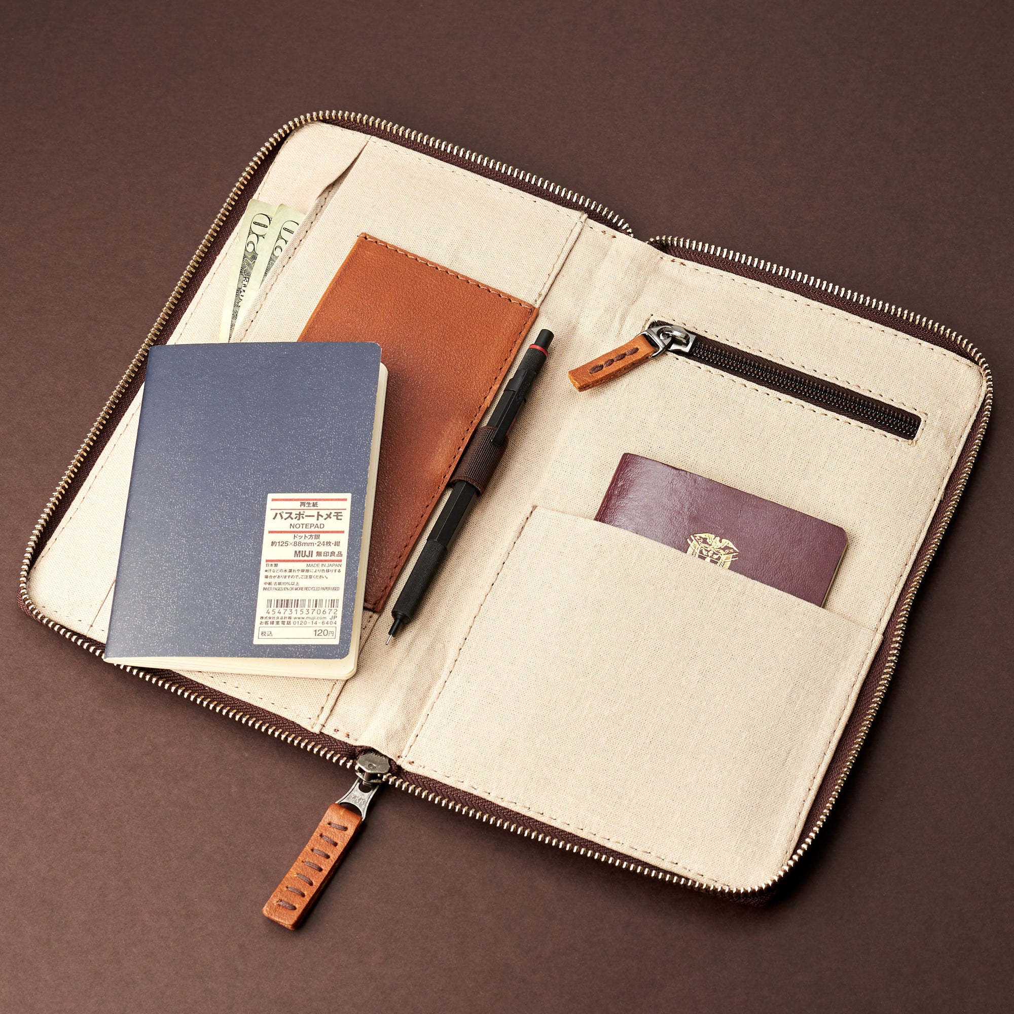 Interior. Tan leather passport wallet. Perfect for travelers. Gift for men by Capra Leather.