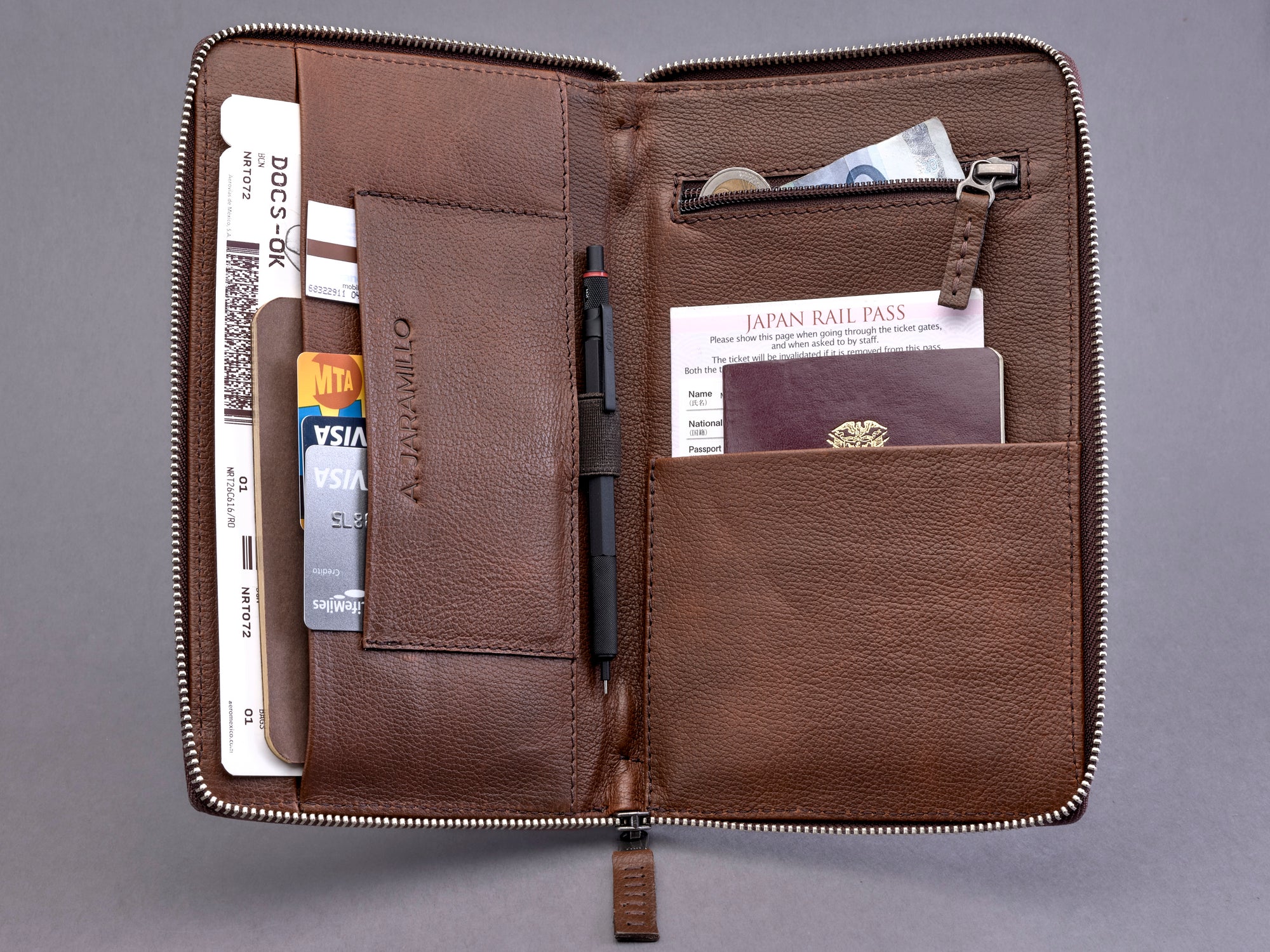 Money, cards and documents. Brown Passport Holder for travelers, document organizer, travel journal by Capra Leather