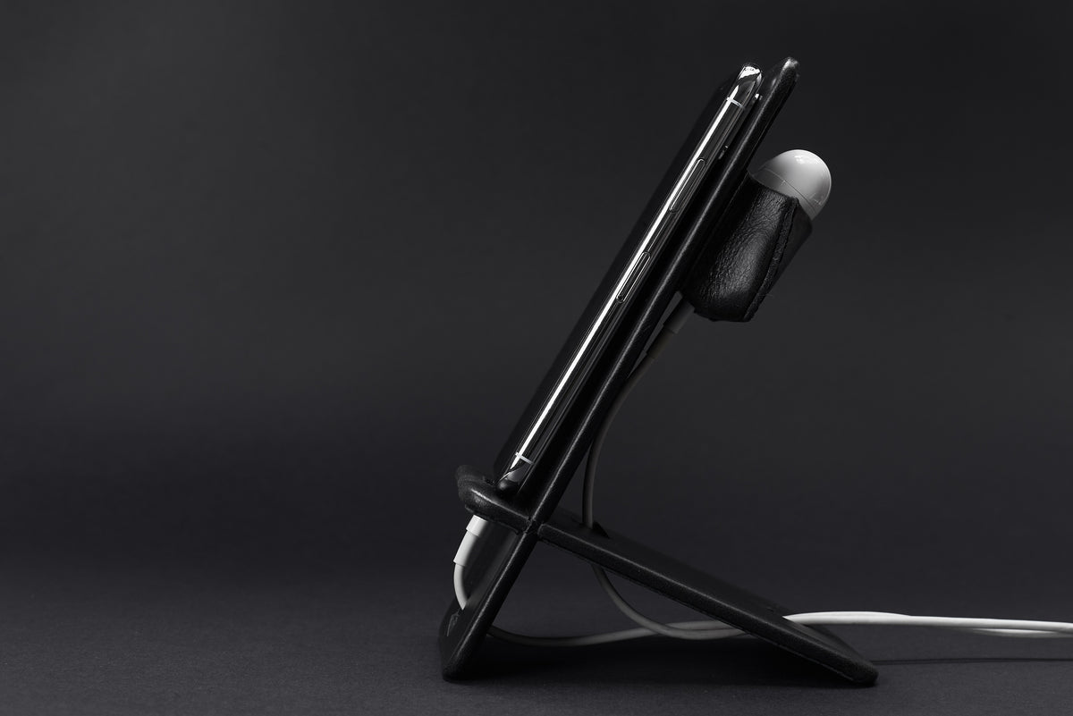 Earbuds holder. Leather Phone Stand Holder Black by Capra Leather