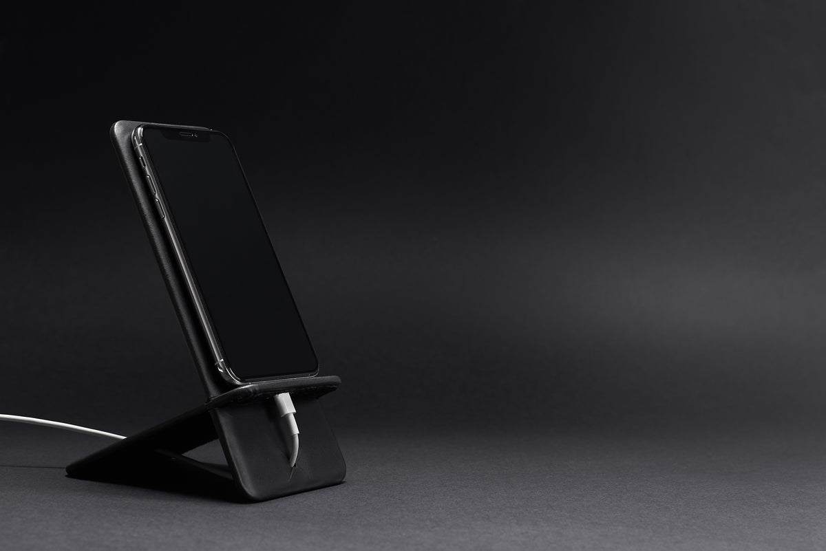 Front view. Leather Phone Stand Holder Black by Capra Leather
