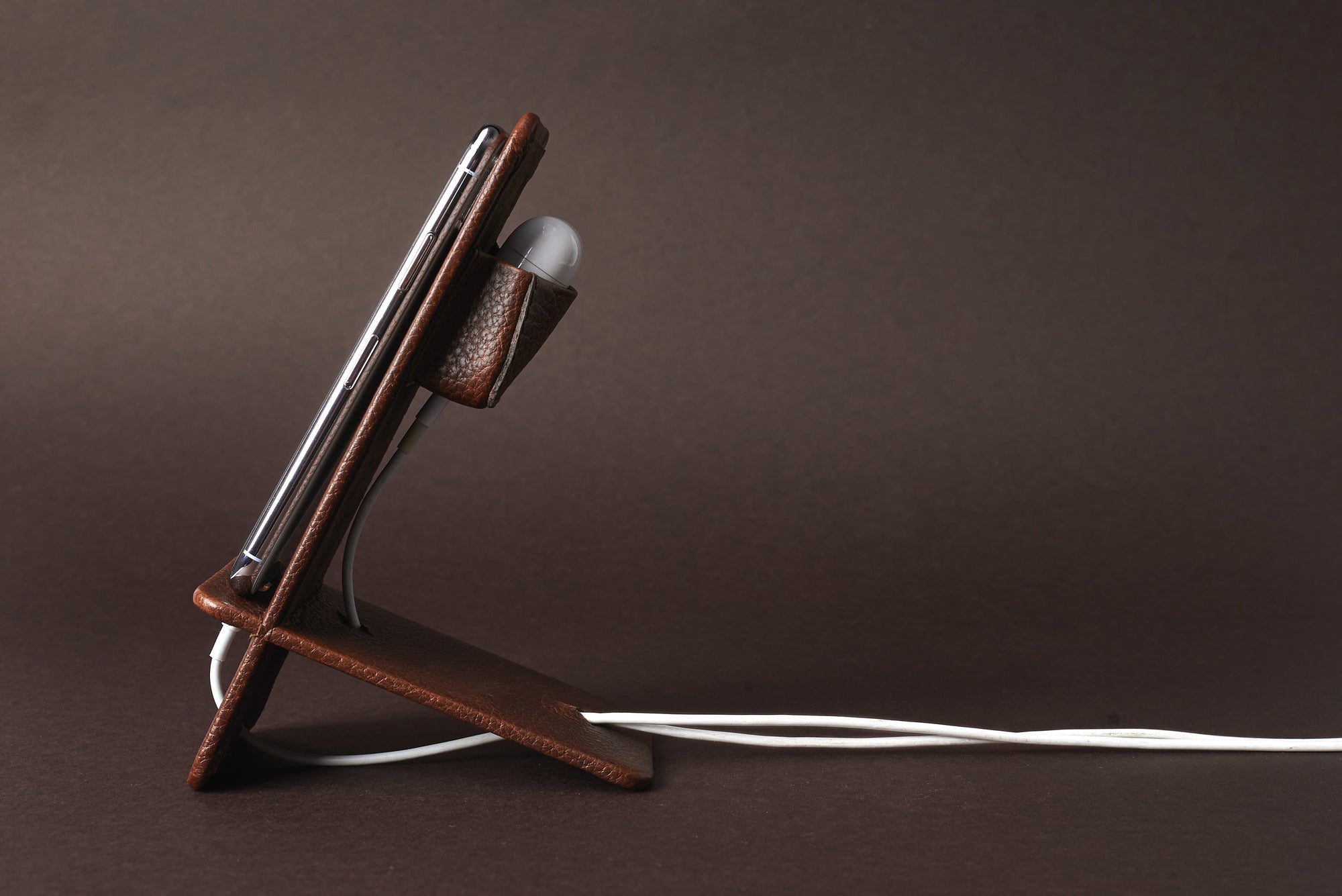Side view. Leather Phone Stand Holder Brown by Capra Leather