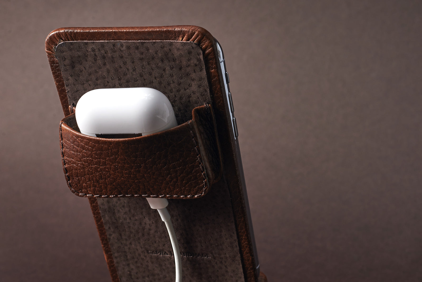 AirPods holder. Leather Phone Stand Holder Brown by Capra Leather