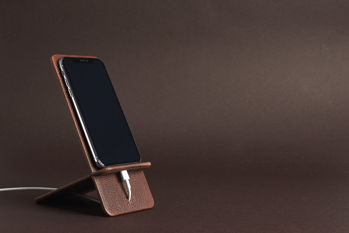 Front view. Leather Phone Stand Holder Brown by Capra Leather