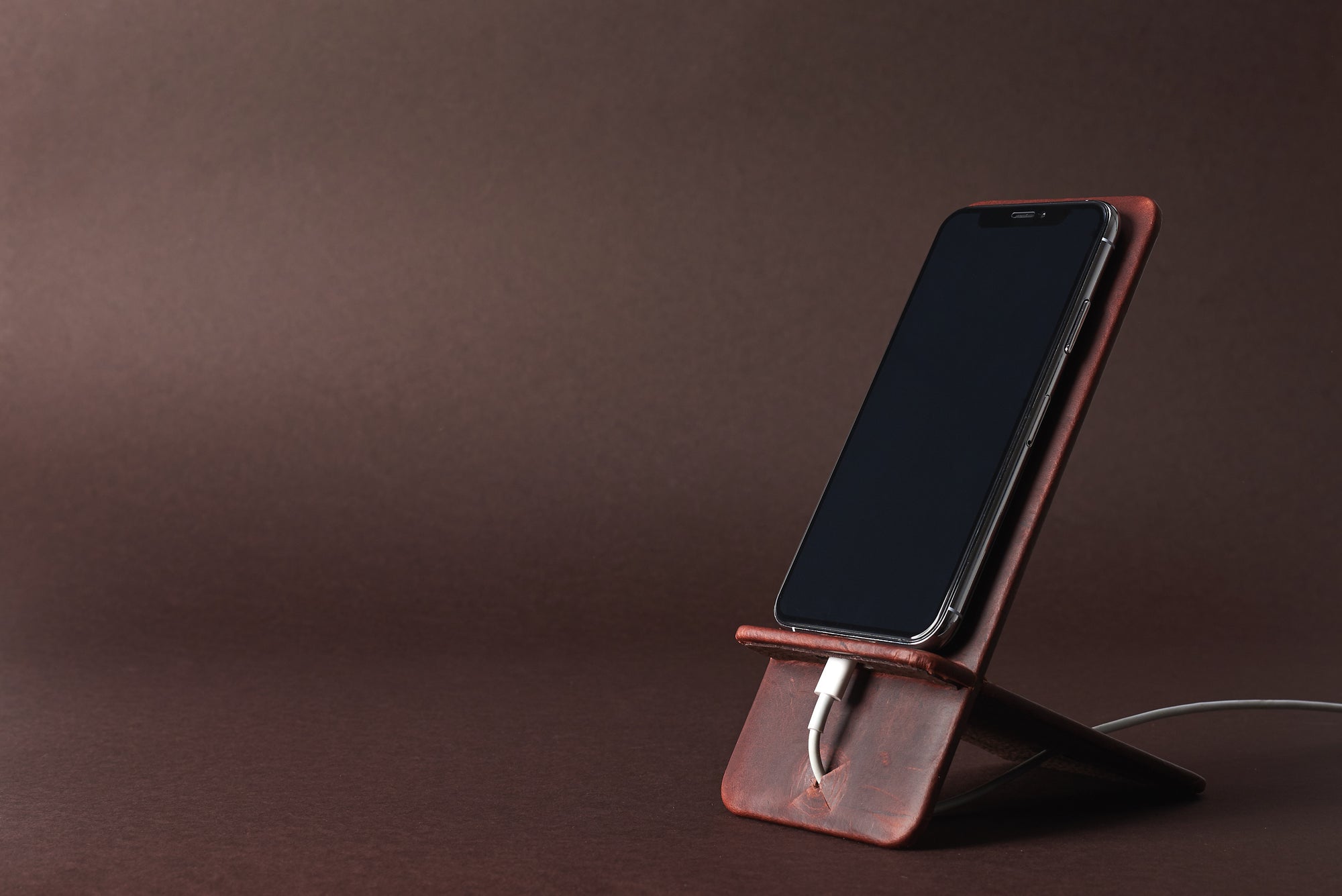 Front view. Leather Phone Stand Holder Distressed Cognac by Capra Leather