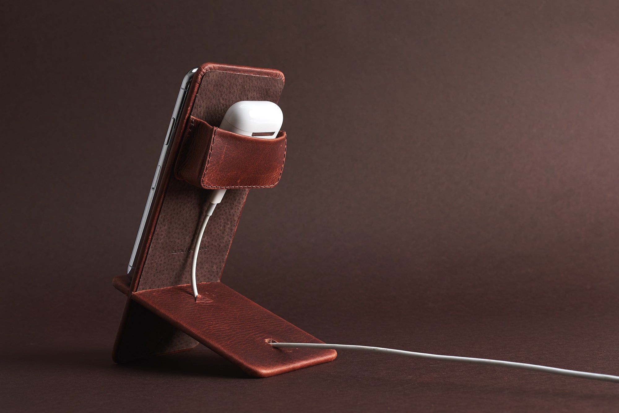 Earbuds holder. Leather Phone Stand Holder Distressed Cognac by Capra Leather