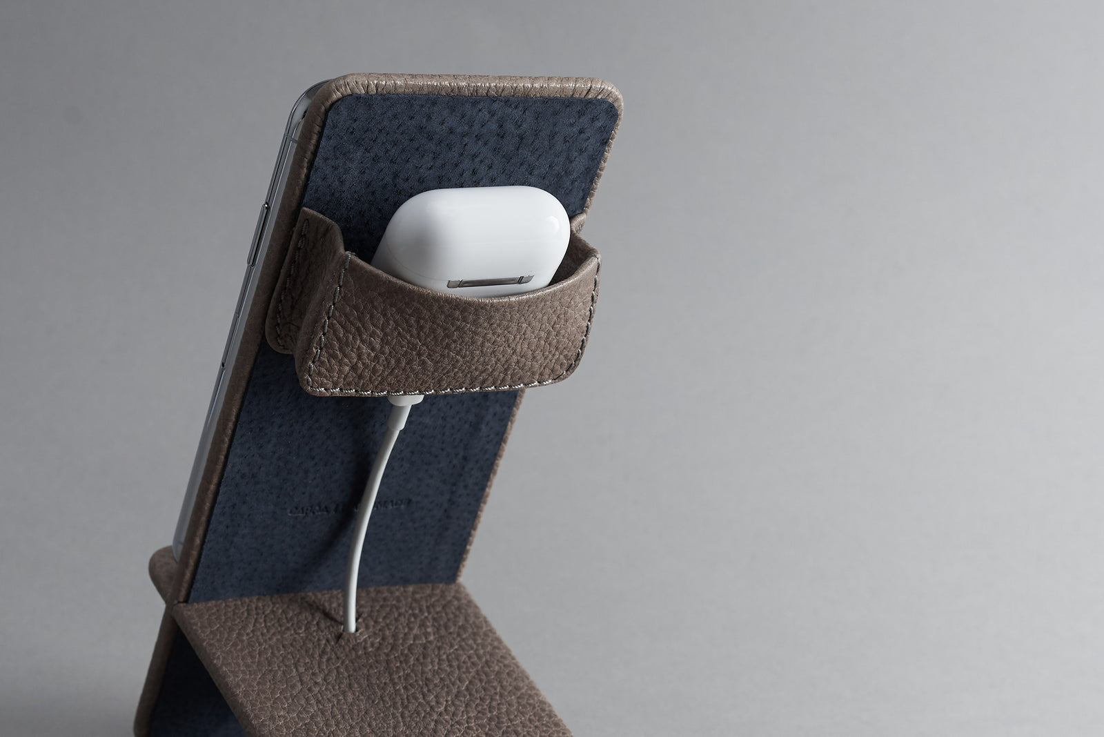 Earbuds holder. Leather Phone Stand Holder Grey by Capra Leather
