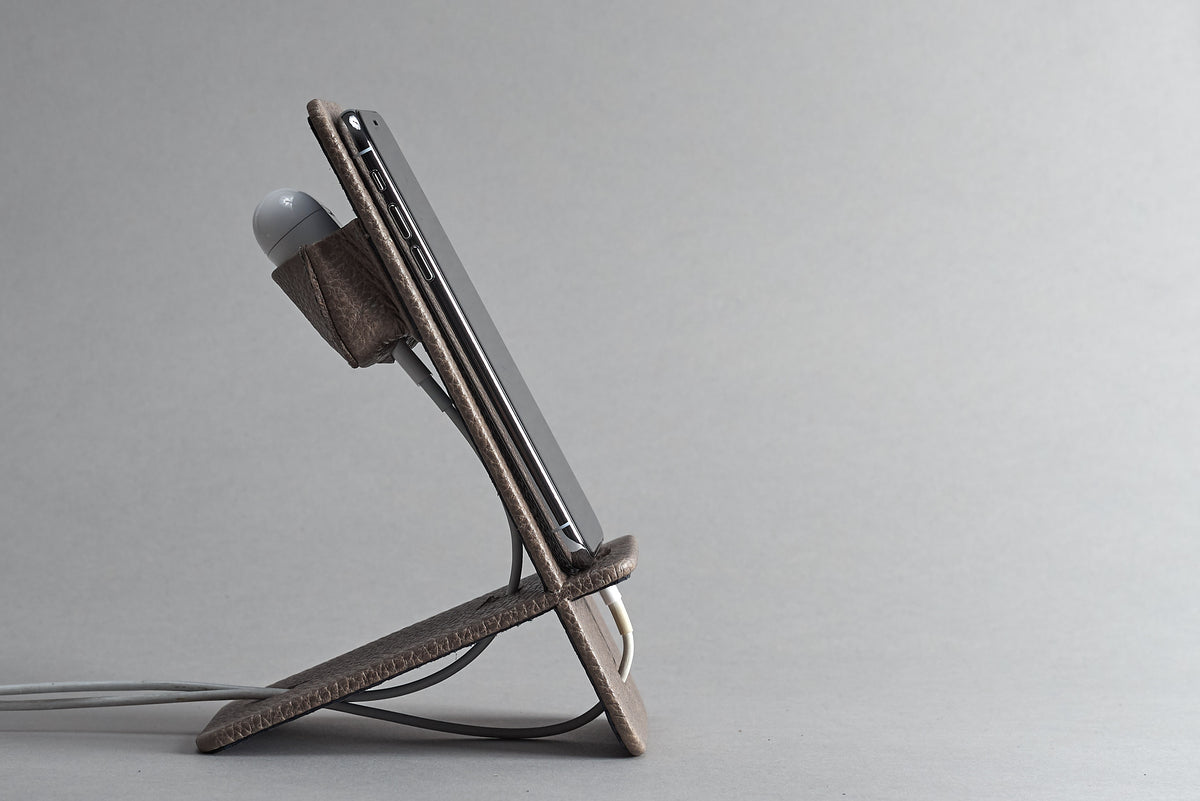 Side view. Leather Phone Stand Holder Grey by Capra Leather