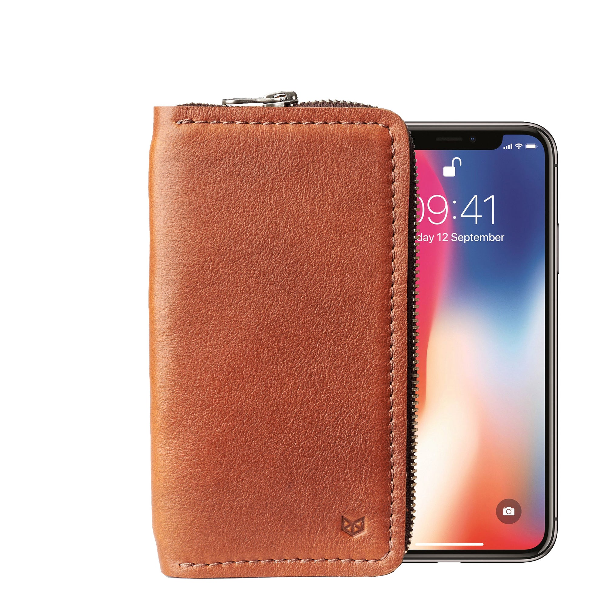 Front view. Tan iPhone leather wallet stand case for mens gifts. iPhone xs, iPhone xs Max, iPhone xr, iPhone x, iPhone 10, iPhone 8 plus leather stand sleeve. Crafted by Capra Leather.