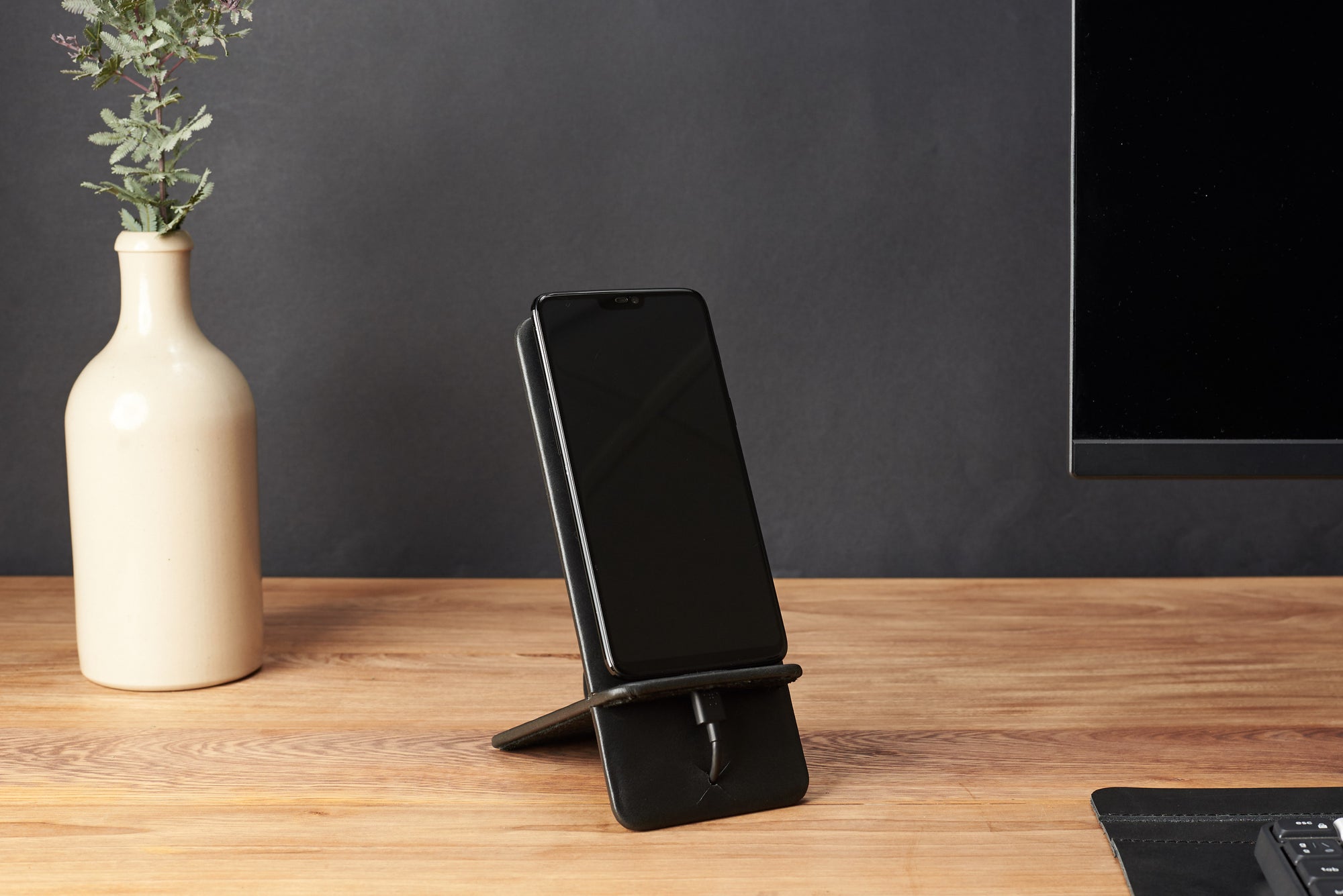 Front view. Leather Phone Stand Holder Black by Capra Leather
