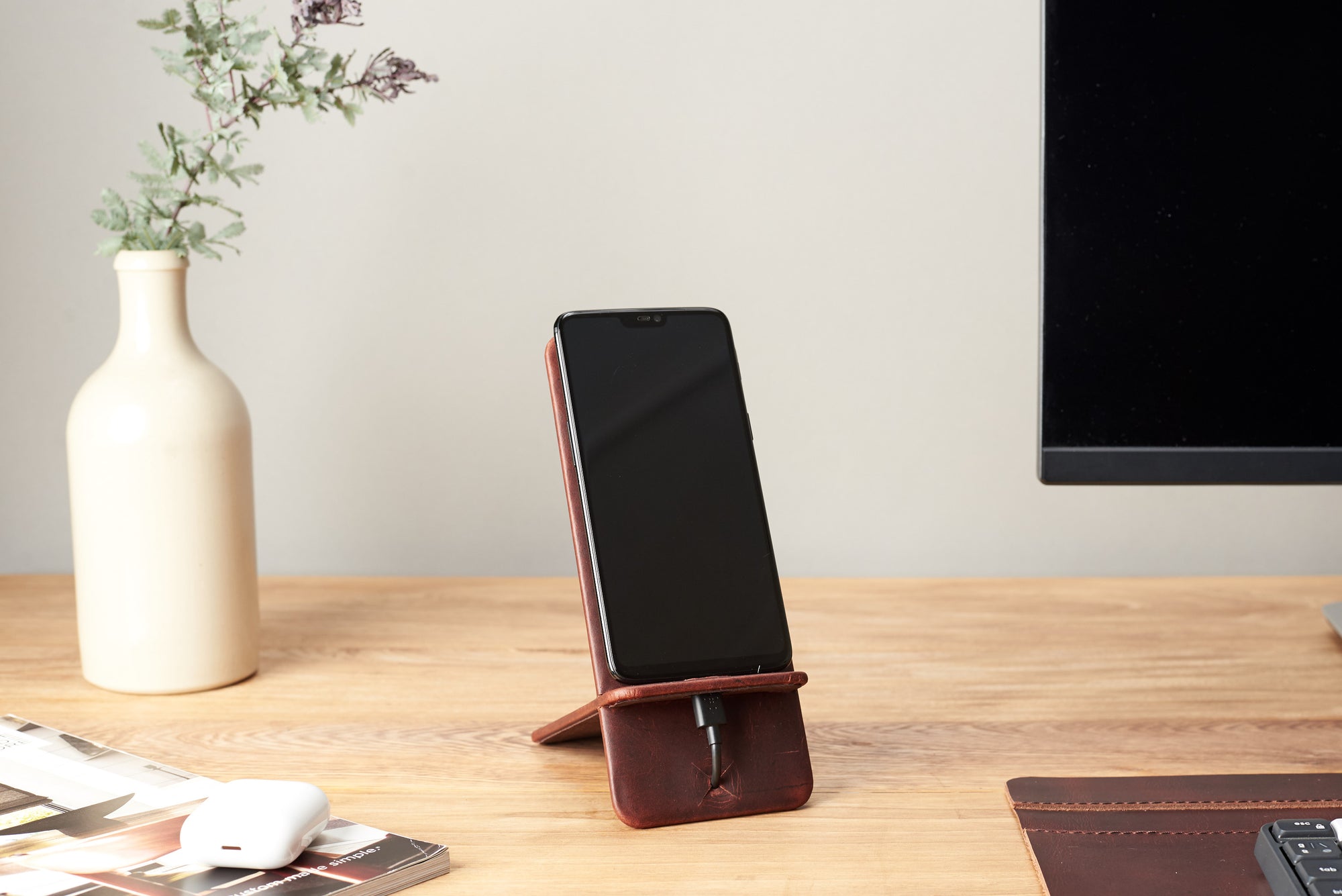 Desk setup. Leather Phone Stand Holder Distressed Cognac by Capra Leather