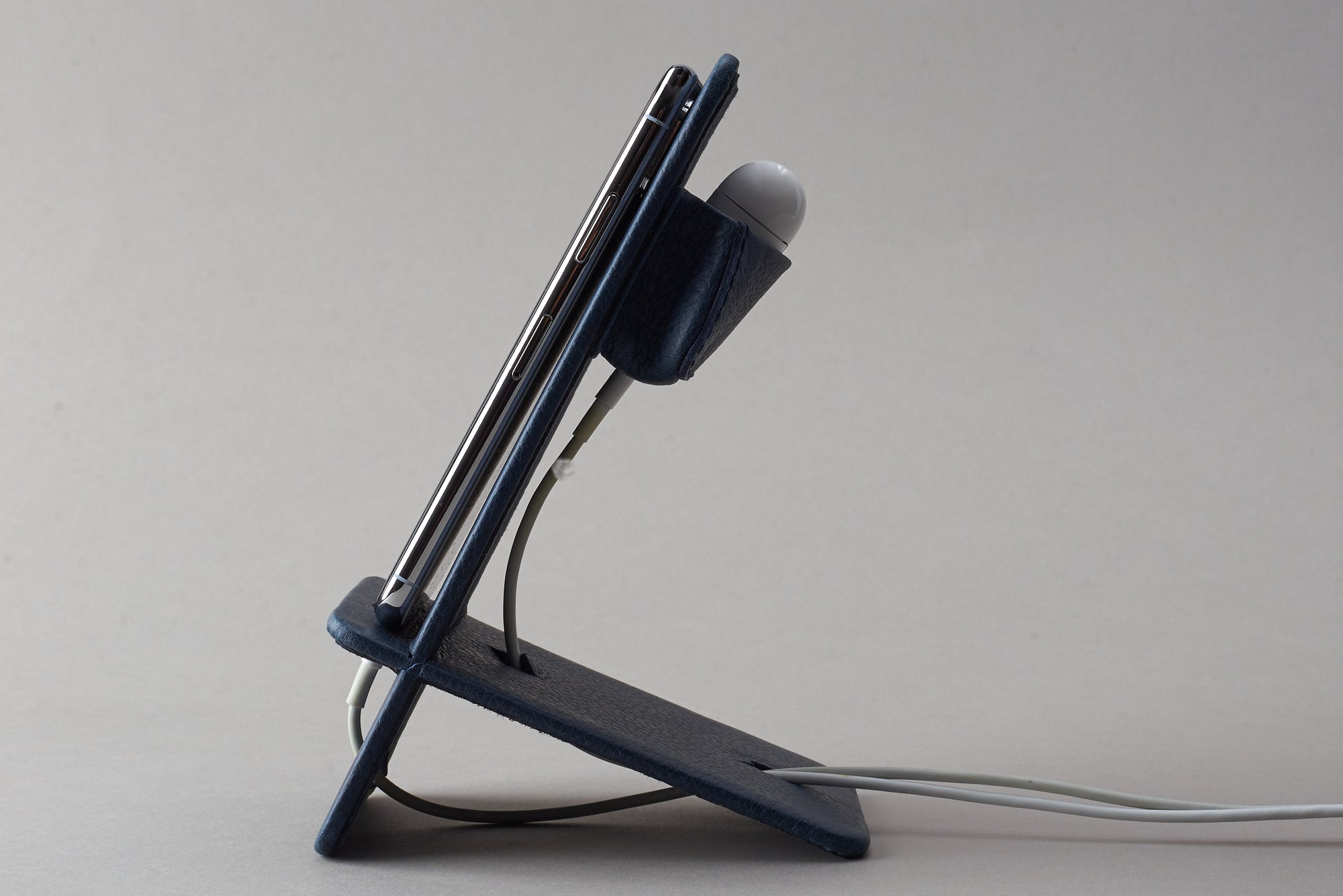 Side view. Leather Phone Stand Holder Navy by Capra Leather