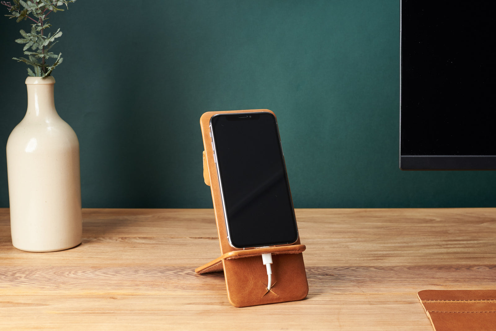 Desk setup. Leather Phone Stand Holder Tan by Capra Leather