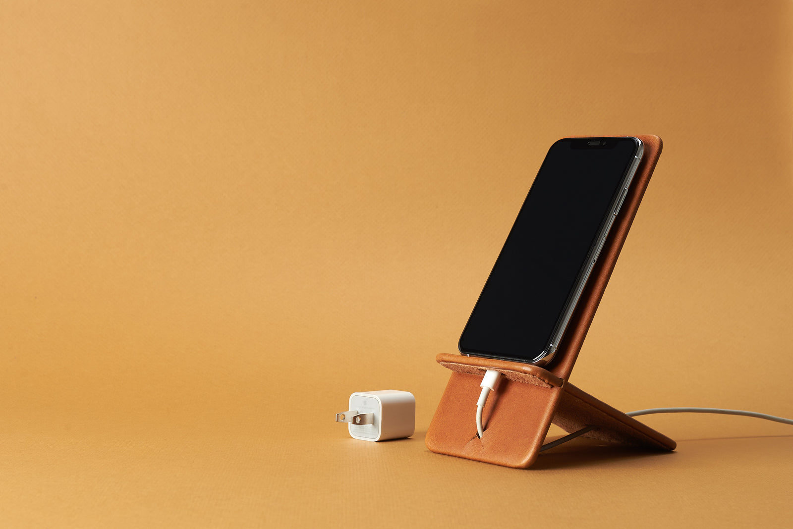 Front view. Leather Phone Stand Holder Tan by Capra Leather