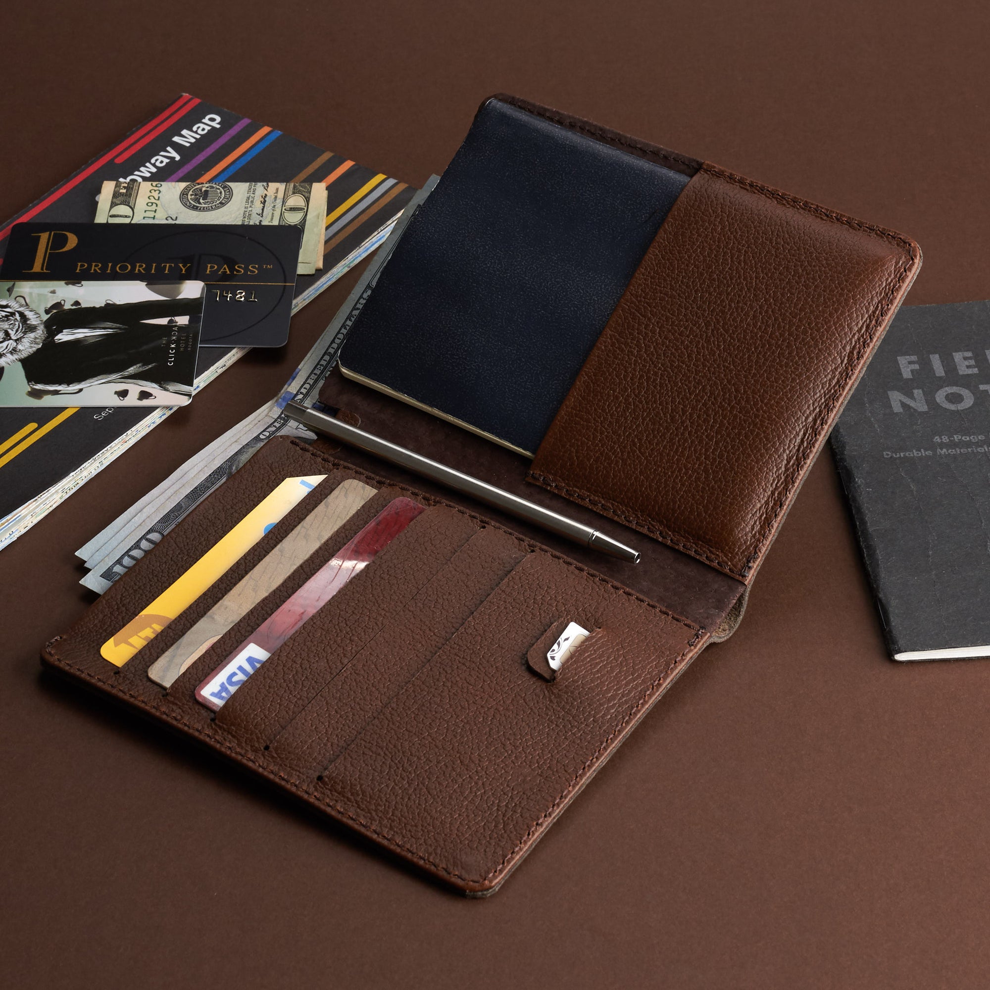 Easy access to cards. Pocket Passport Holder Travel Wallet Brown by Capra Leather