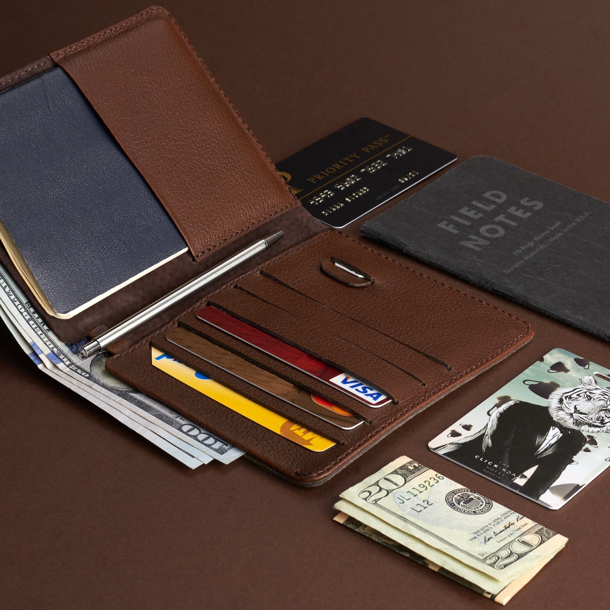 Suede interior. Pocket Passport Holder Travel Wallet Brown by Capra Leather
