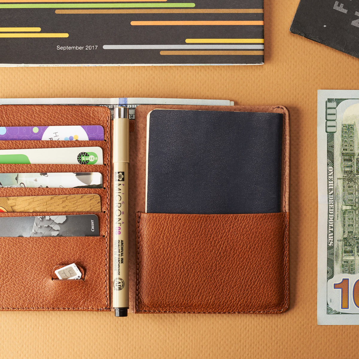 Easy access to cards. Pocket Passport Holder Travel Wallet Tan by Capra Leather