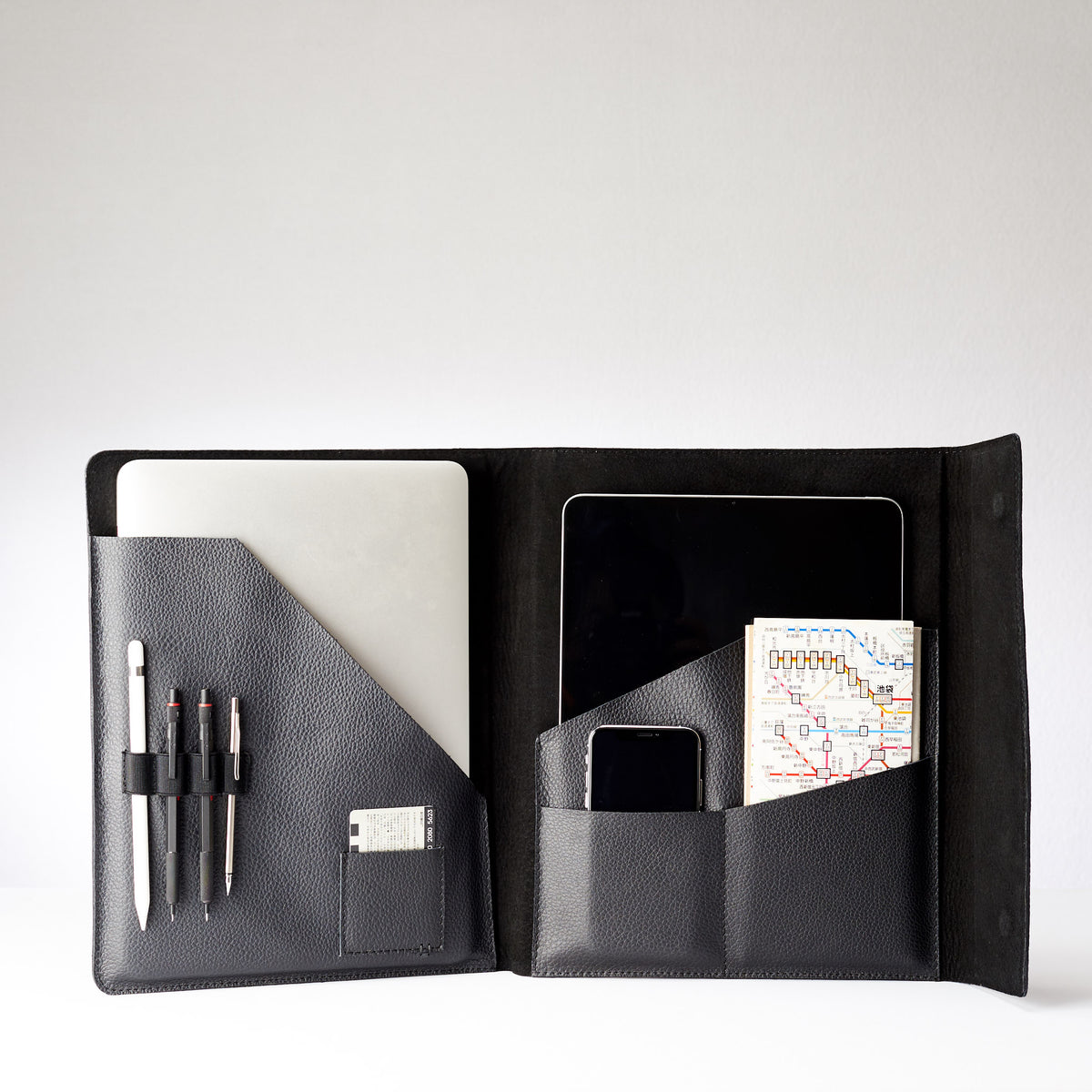 Suede interior. Black Laptop Tablet Portfolio. Business Document Organizer for Men by Capra Leather