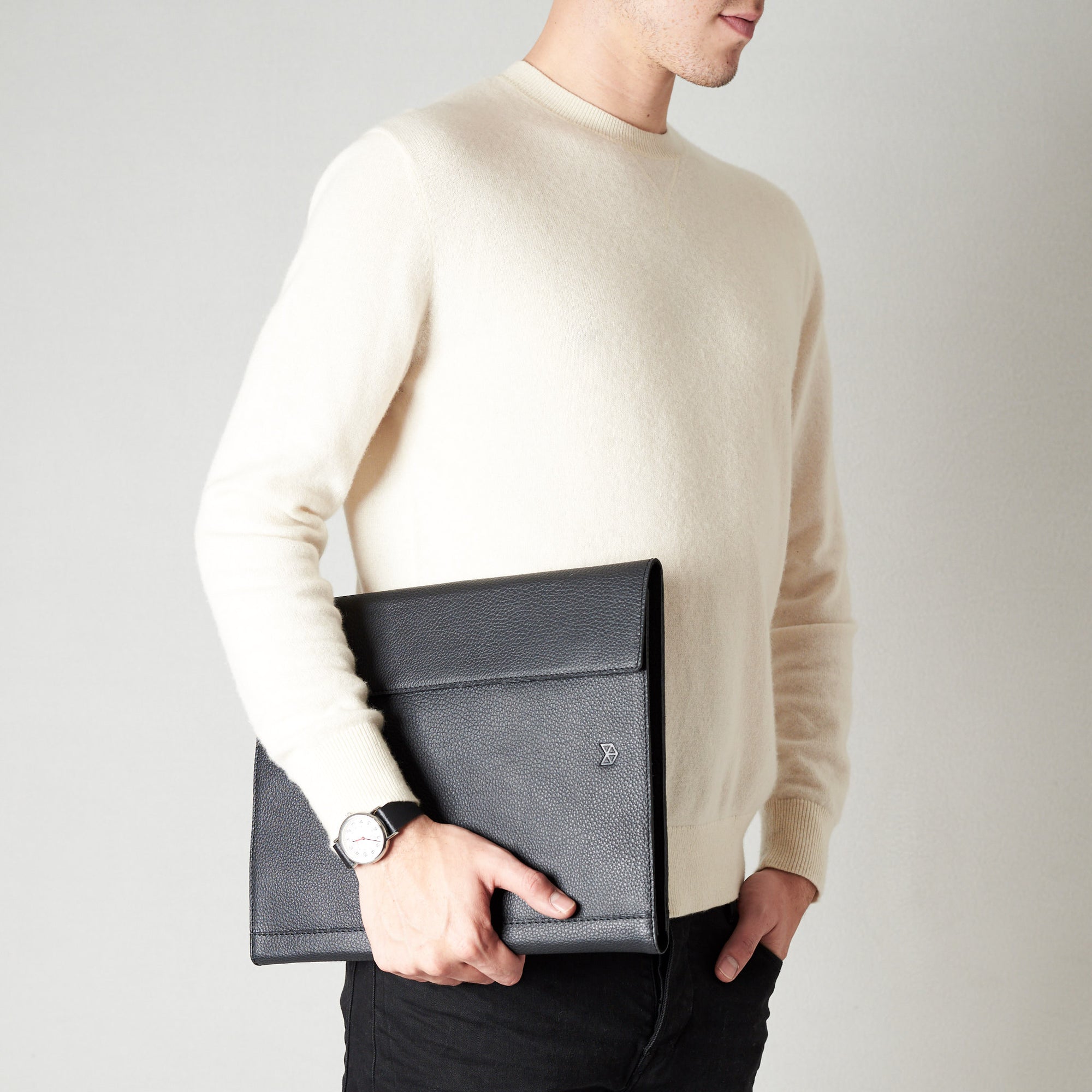 Style model walking with portfolio. Black Laptop Tablet Portfolio. Business Document Organizer for Men by Capra Leather