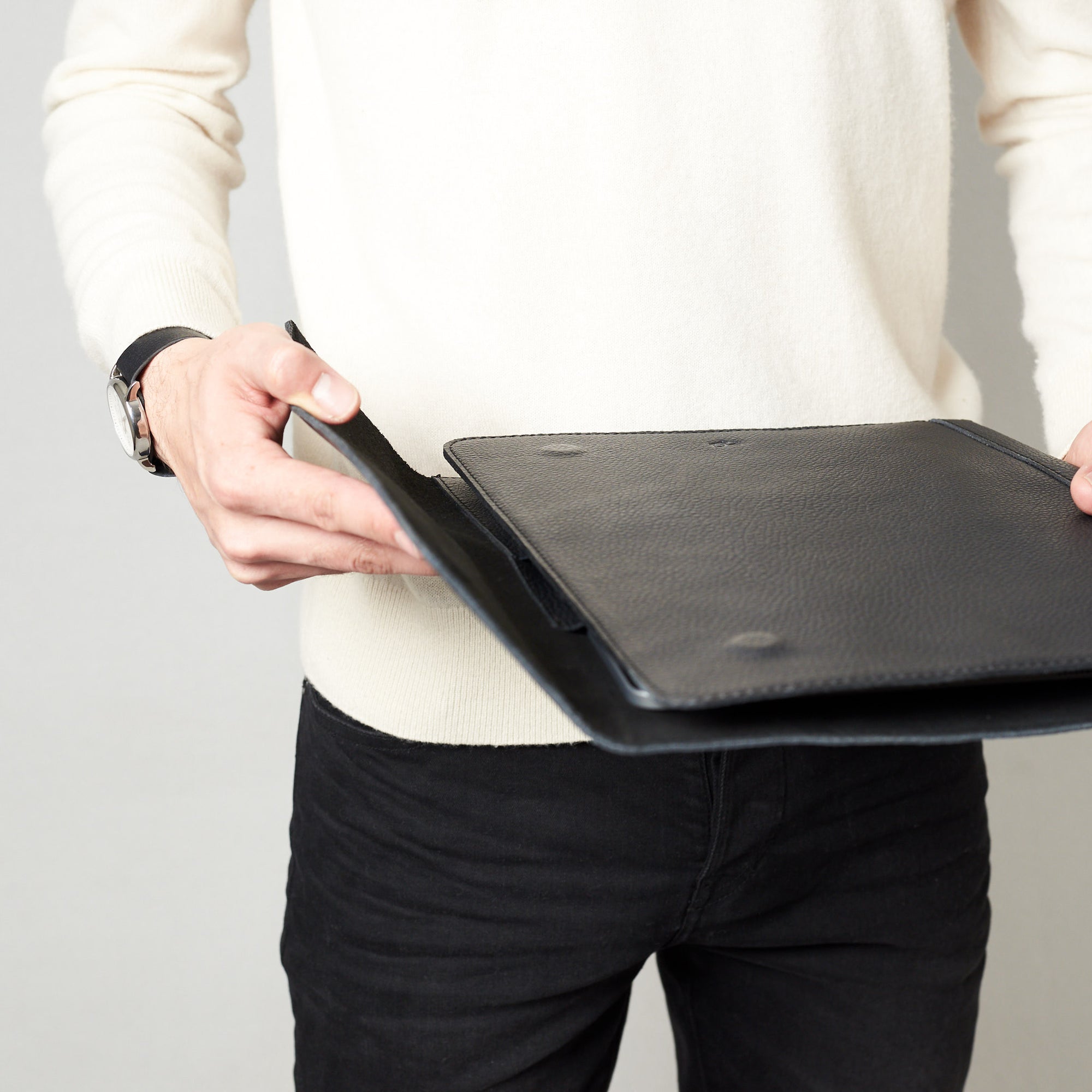 Style pockets detail. Black Laptop Tablet Portfolio. Business Document Organizer for Men by Capra Leather