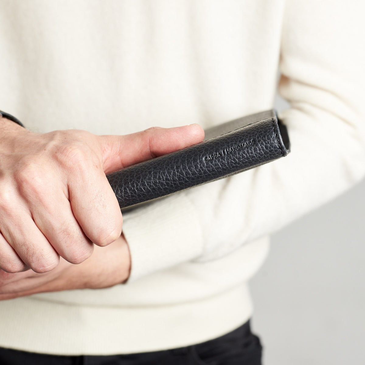 Style close up detail. Black Laptop Tablet Portfolio. Business Document Organizer for Men by Capra Leather