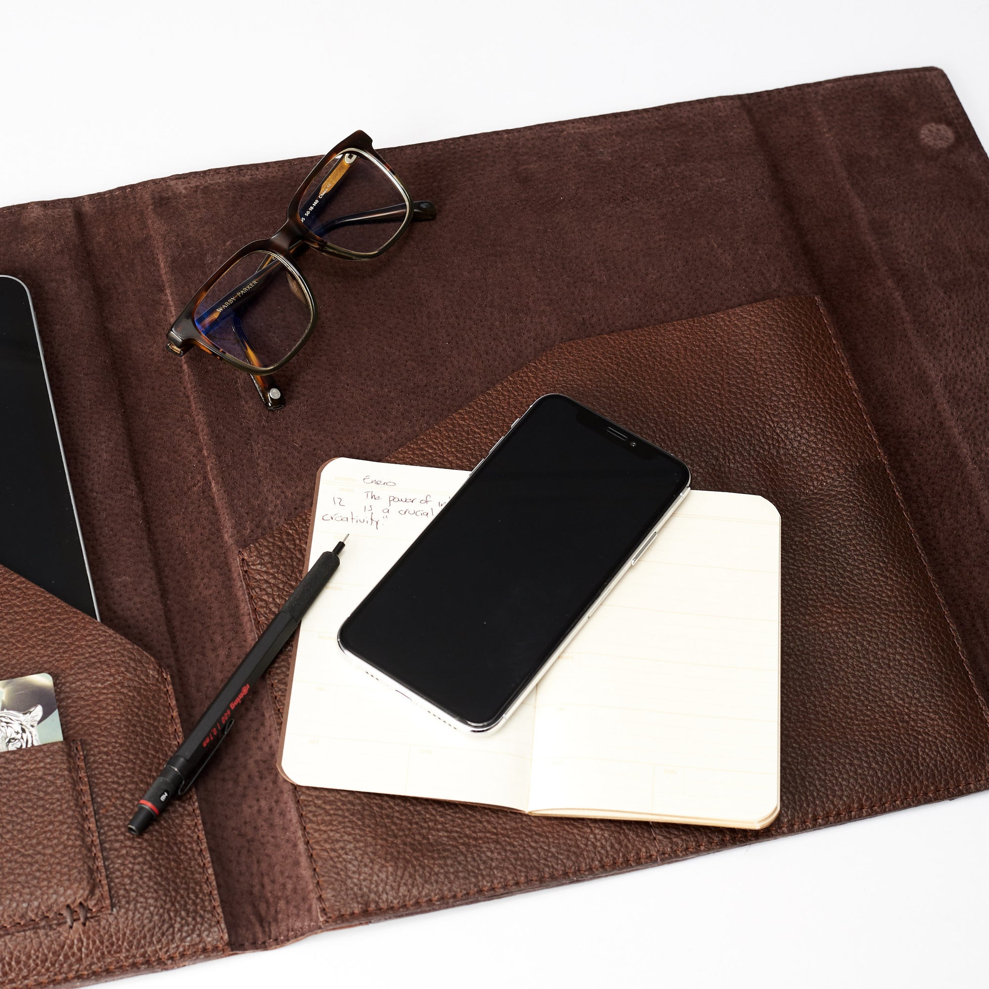 Style inside view. Brown Laptop Tablet Portfolio. Business Document Organizer for Men by Capra Leather