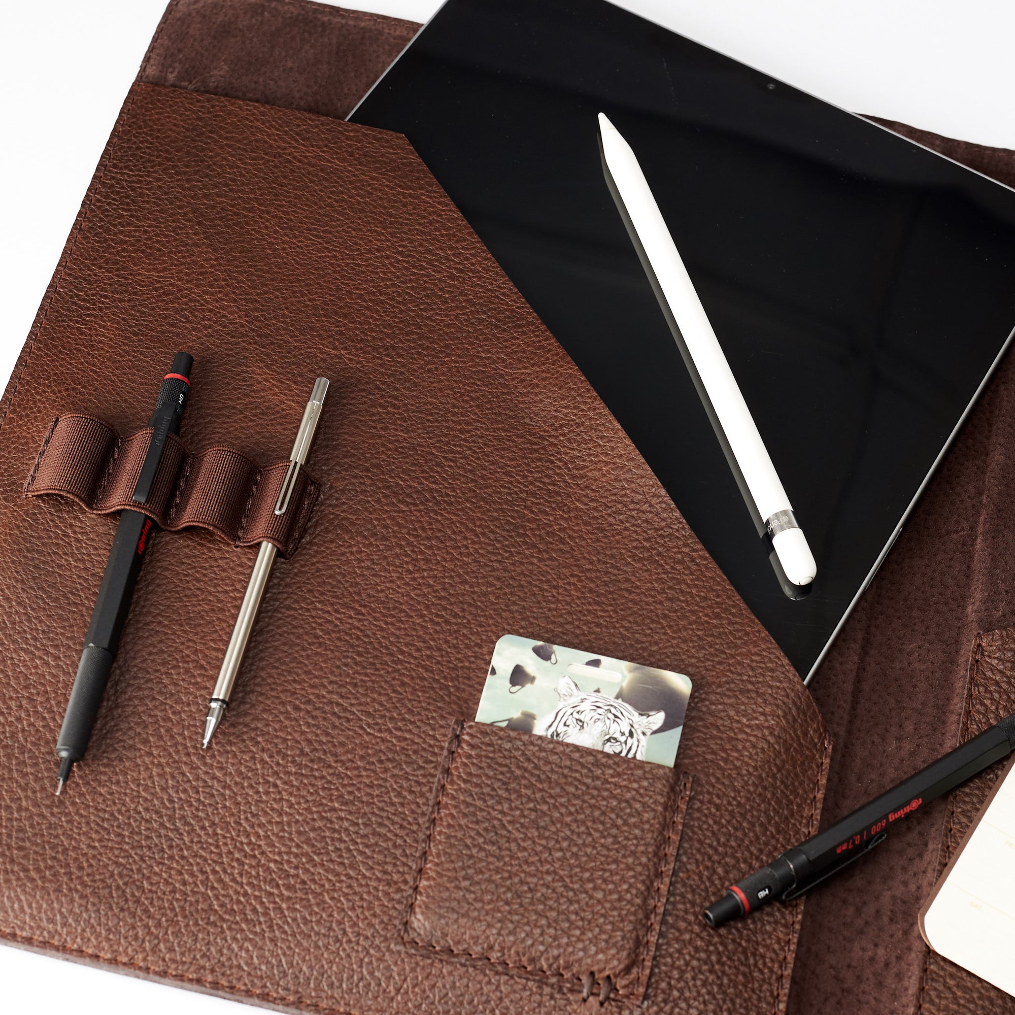 Card pocket detail. Brown Laptop Tablet Portfolio. Business Document Organizer for Men by Capra Leather