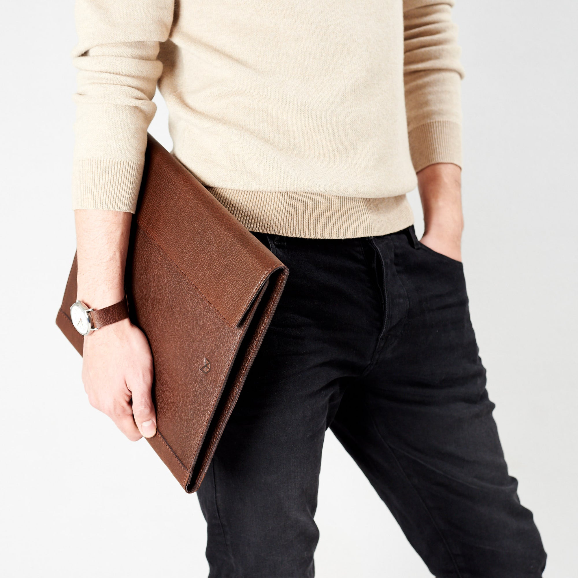 Style model walking with portfolio. Brown Laptop Tablet Portfolio. Business Document Organizer for Men by Capra Leather