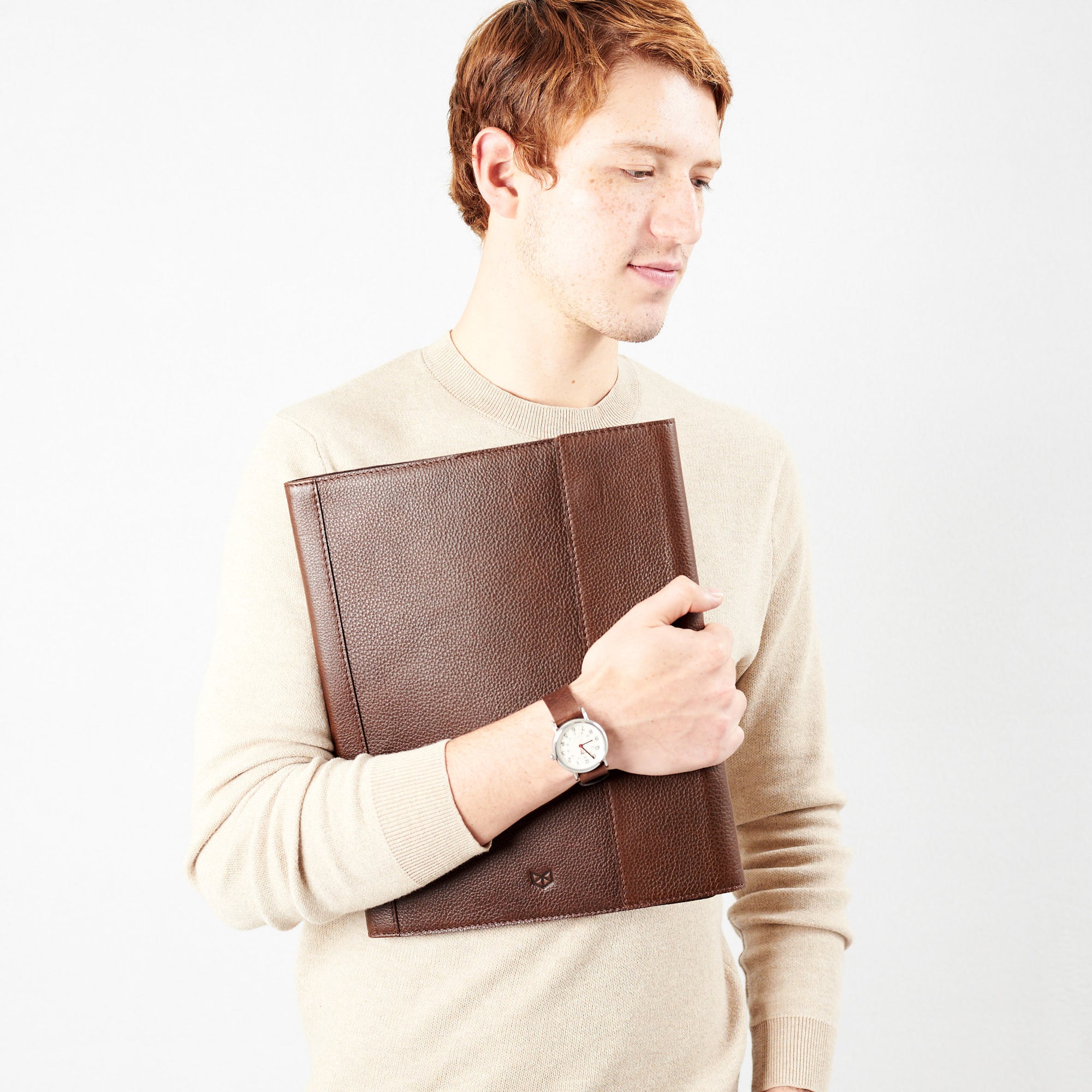 Style front view carry. Brown Laptop Tablet Portfolio. Business Document Organizer for Men by Capra Leather