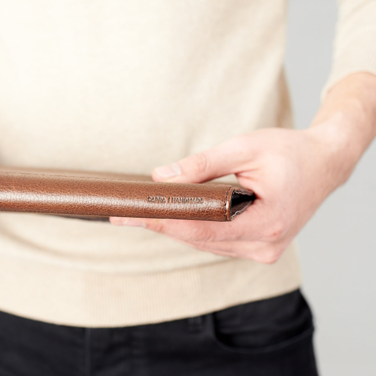 Style close up detail. Brown Laptop Tablet Portfolio. Business Document Organizer for Men by Capra Leather