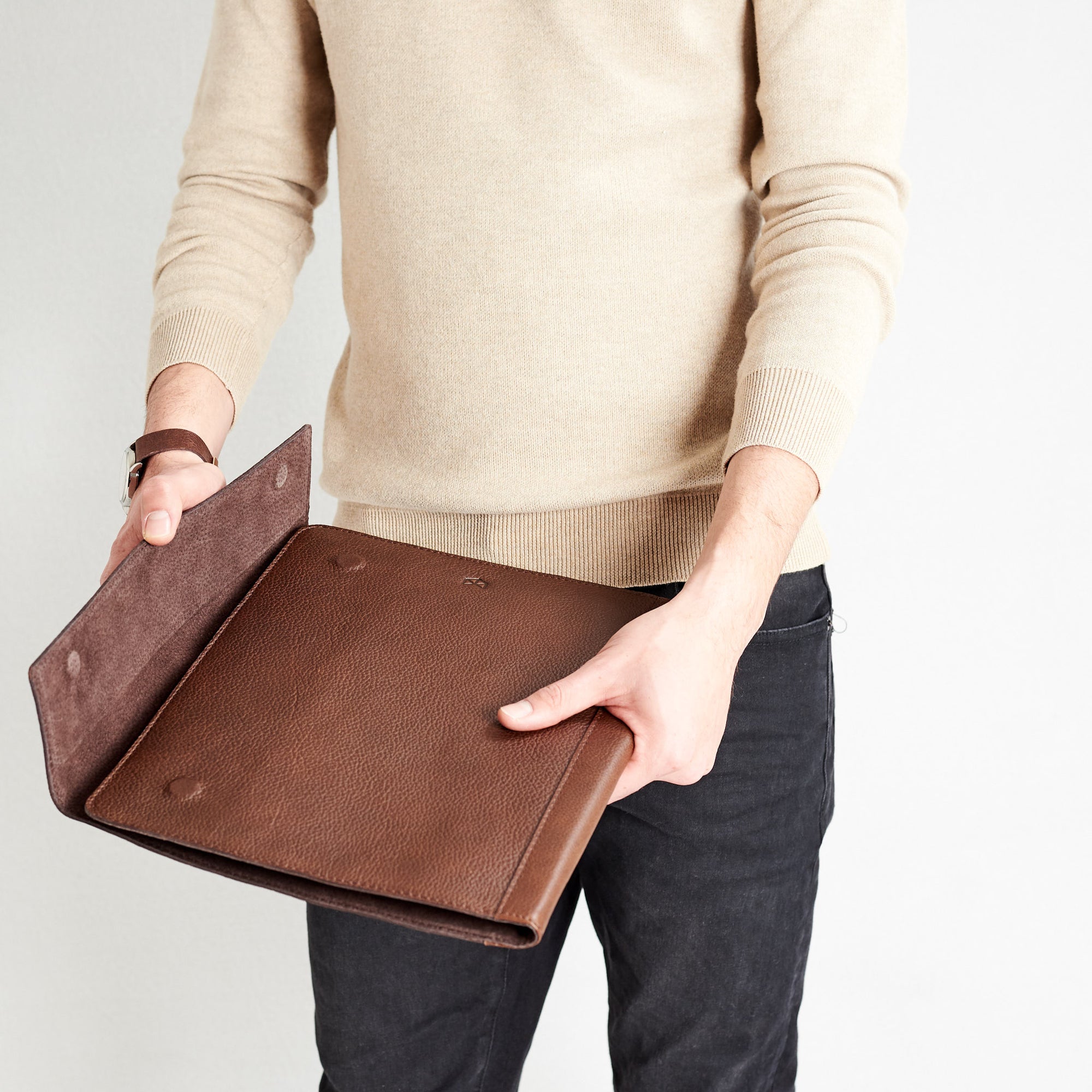Style pockets detail. Brown Laptop Tablet Portfolio. Business Document Organizer for Men by Capra Leather