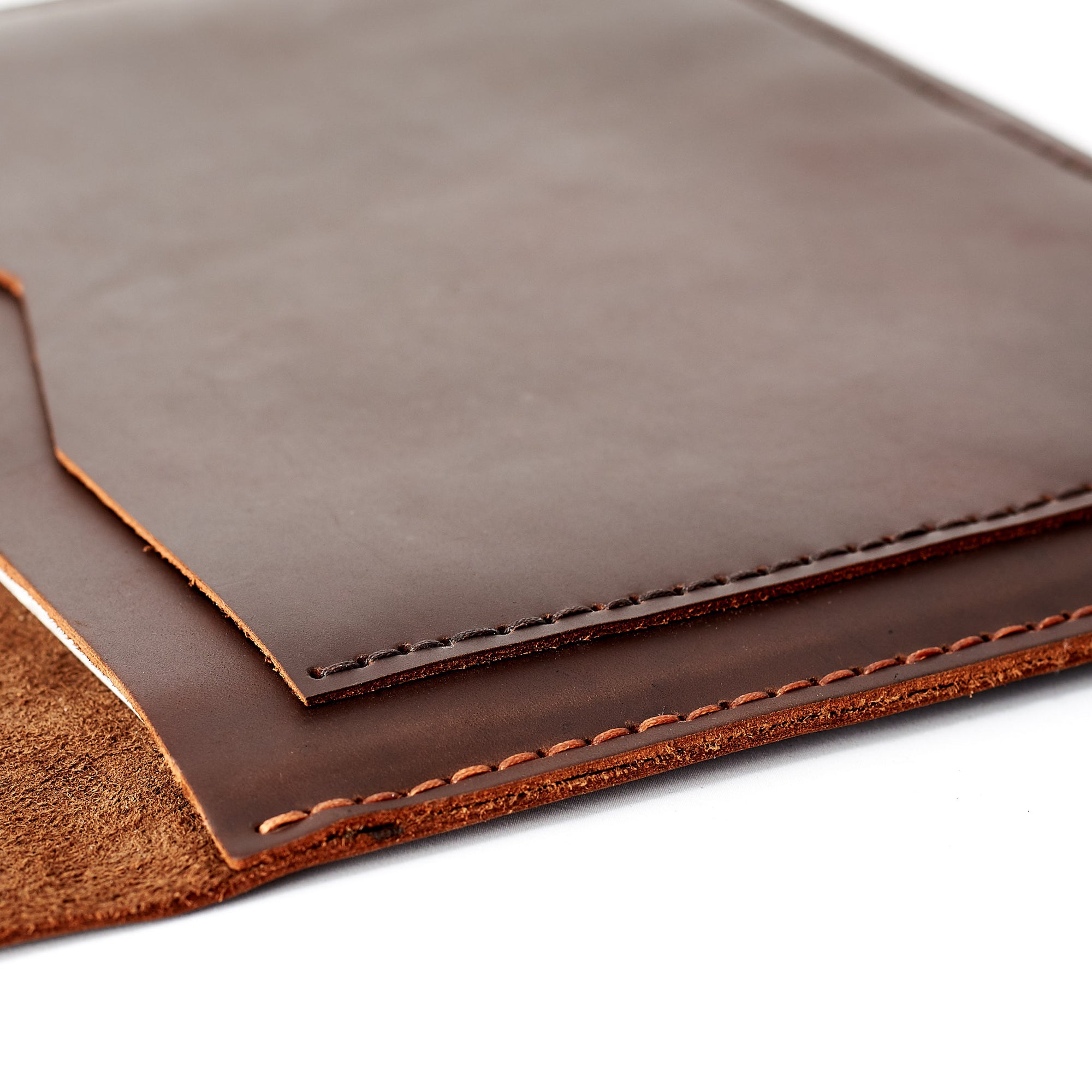 Detail Hand Made Stitching. Brown Leather MacBook Case. Postman MacBook Sleeve by Capra Leather