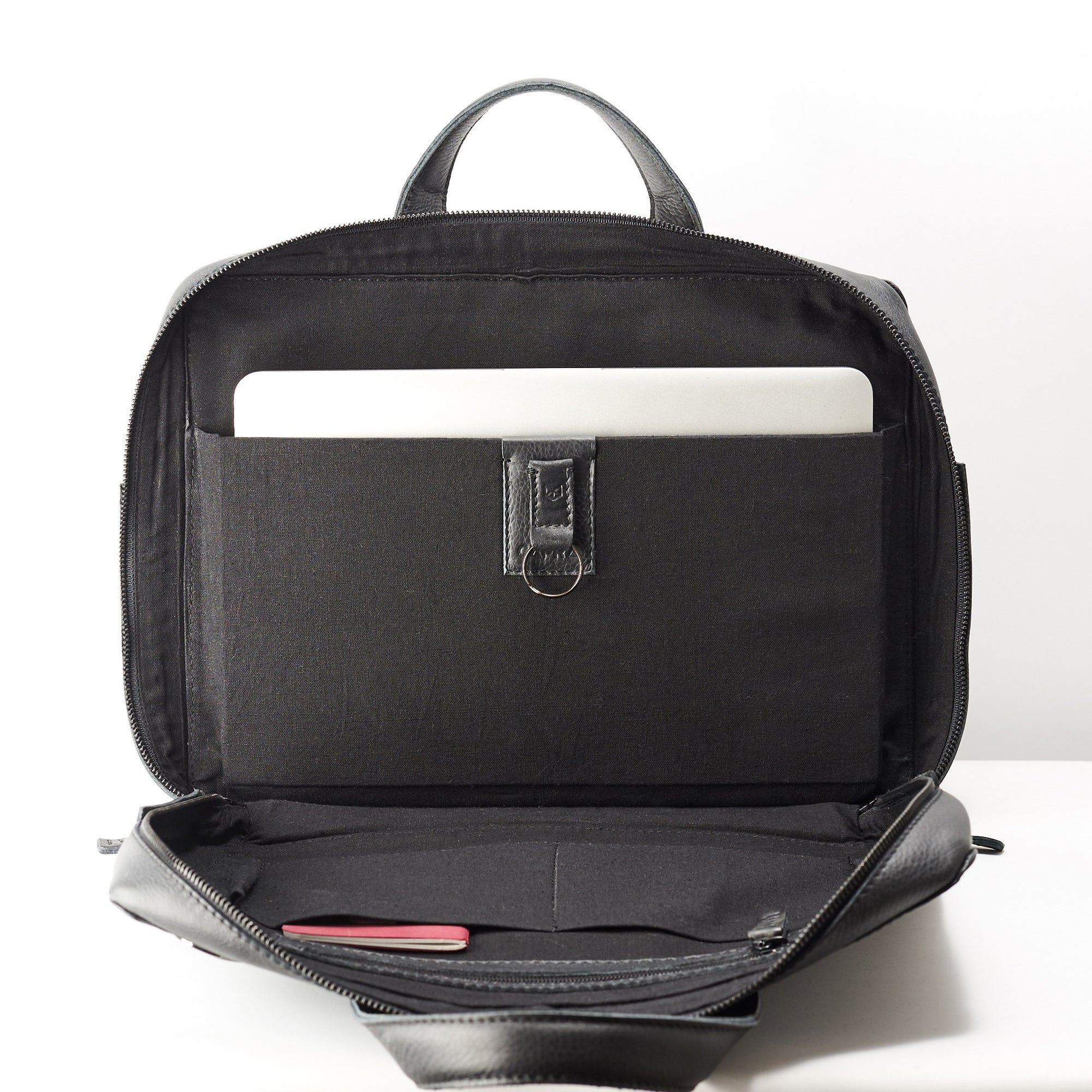Laptop divider. Black linen interior. Soft leather briefcase for men