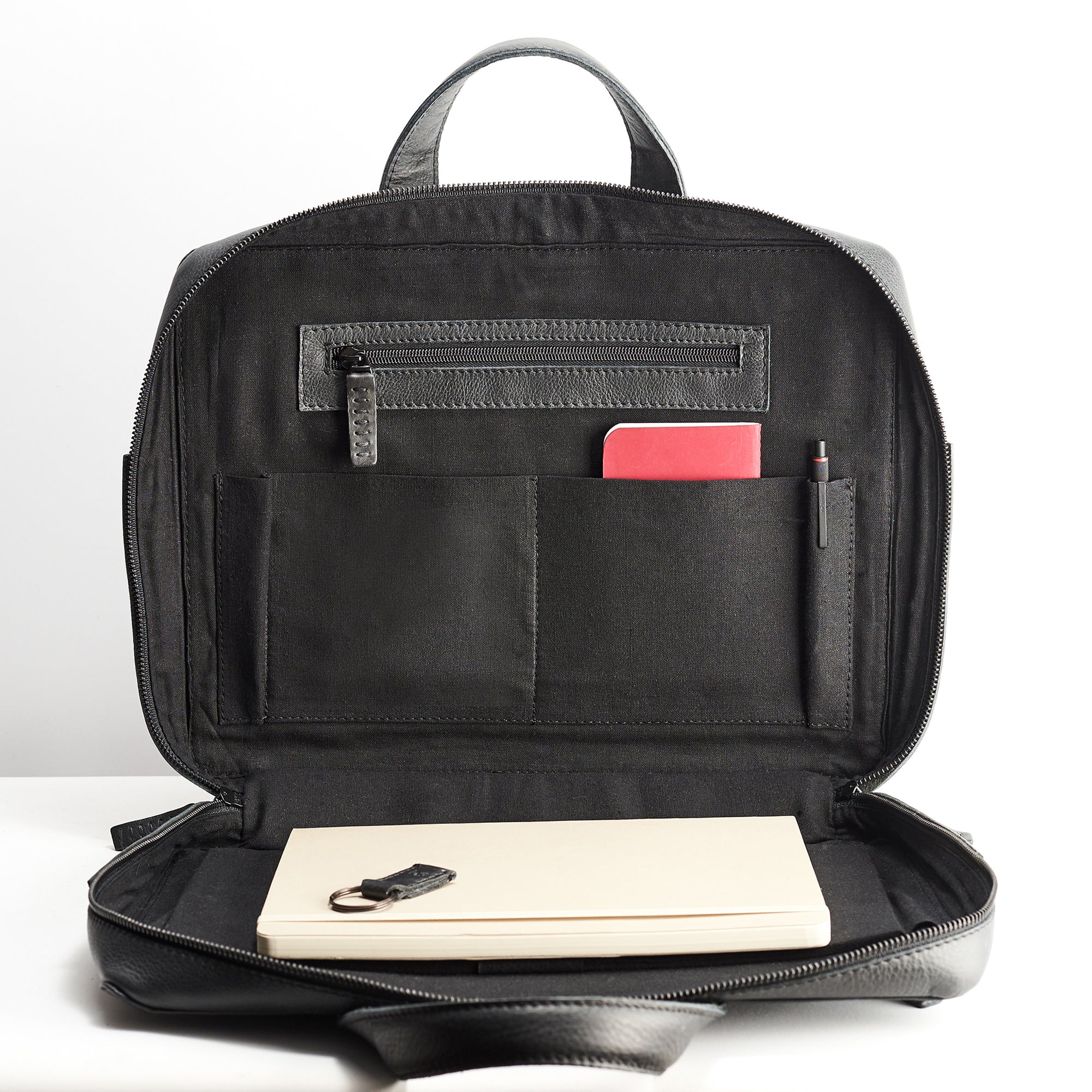 Interior pockets. Soft leather men's briefcase. Linen interior. Mens custom leather black briefcase