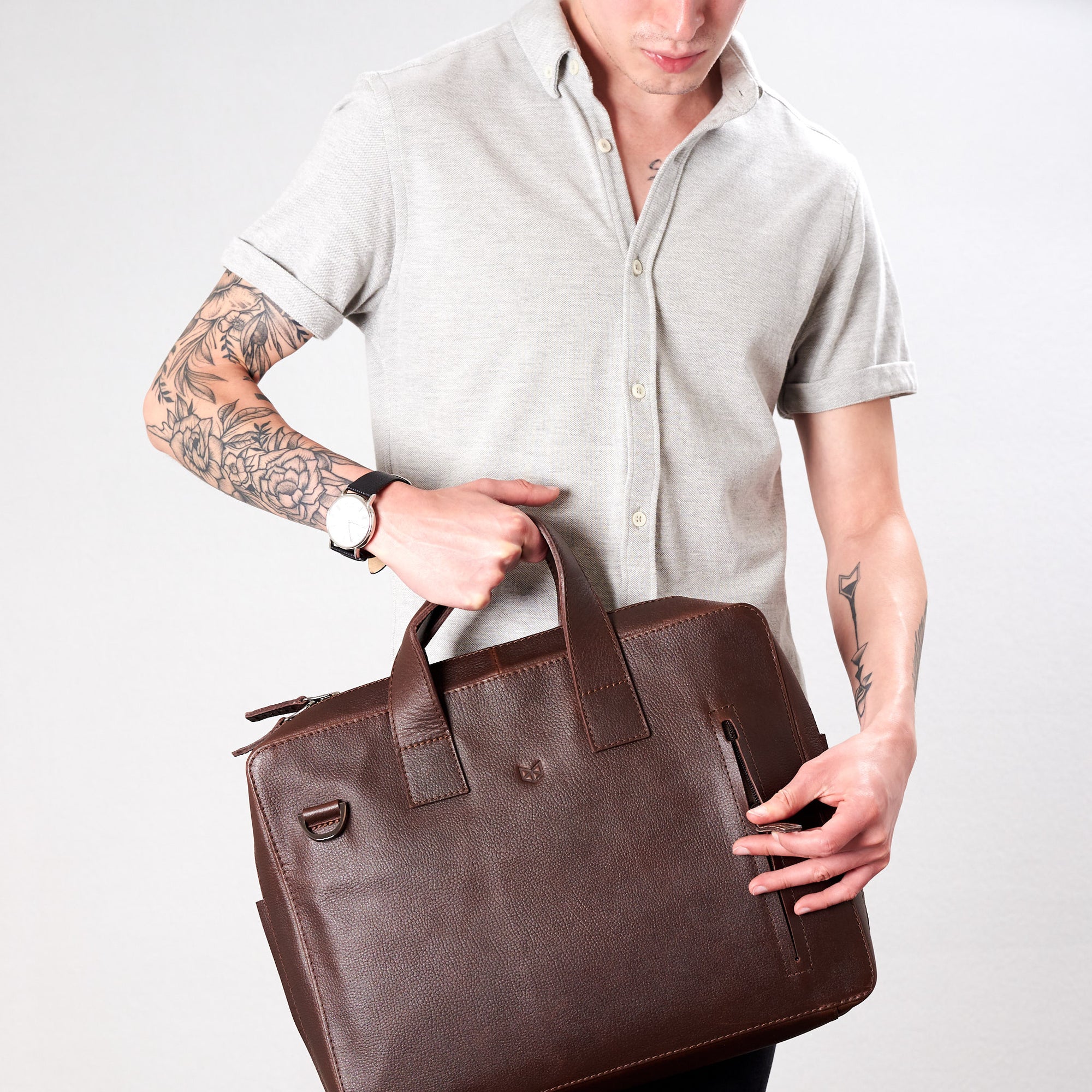 Front. Soft leather briefcase dark brown color