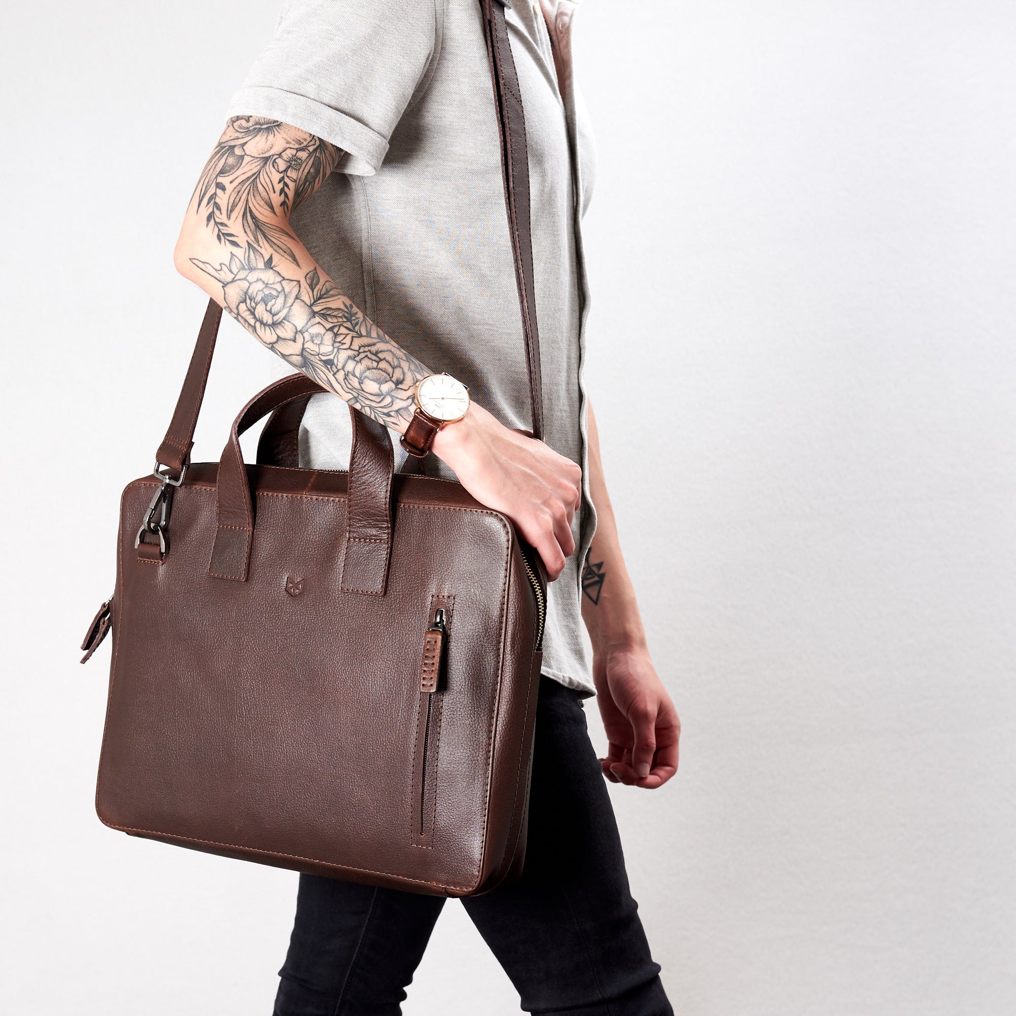 Style walking with Roko. Dark brown briefcase by Capra Leather.