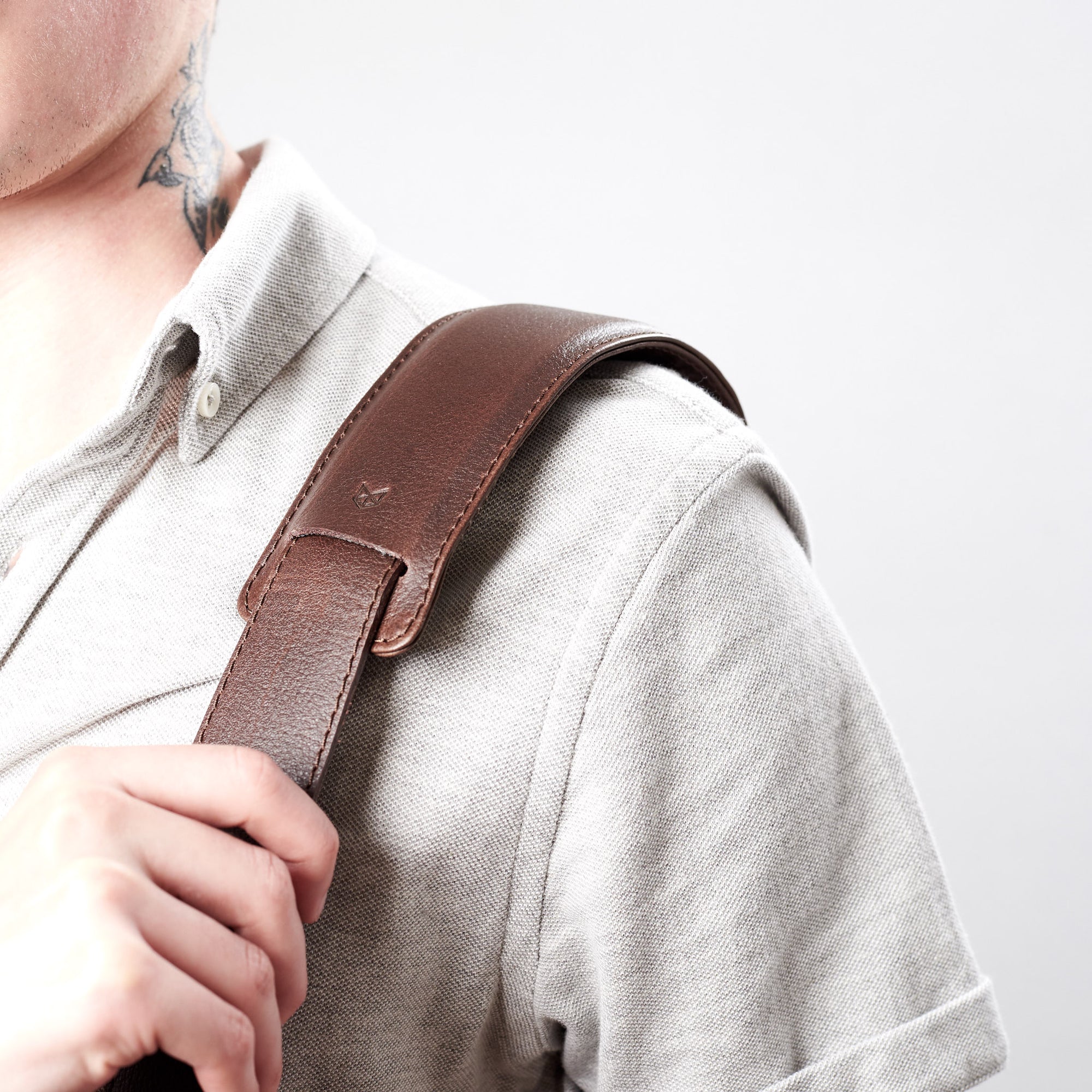 Style. Shoulder strap detail close up. Roko briefcase by Capra Leather.