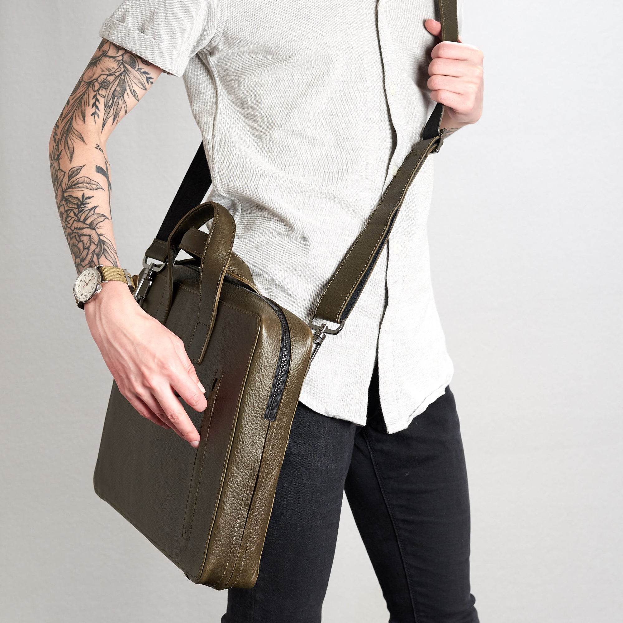 Shoulder strap in use. Roko briefcase style picture.