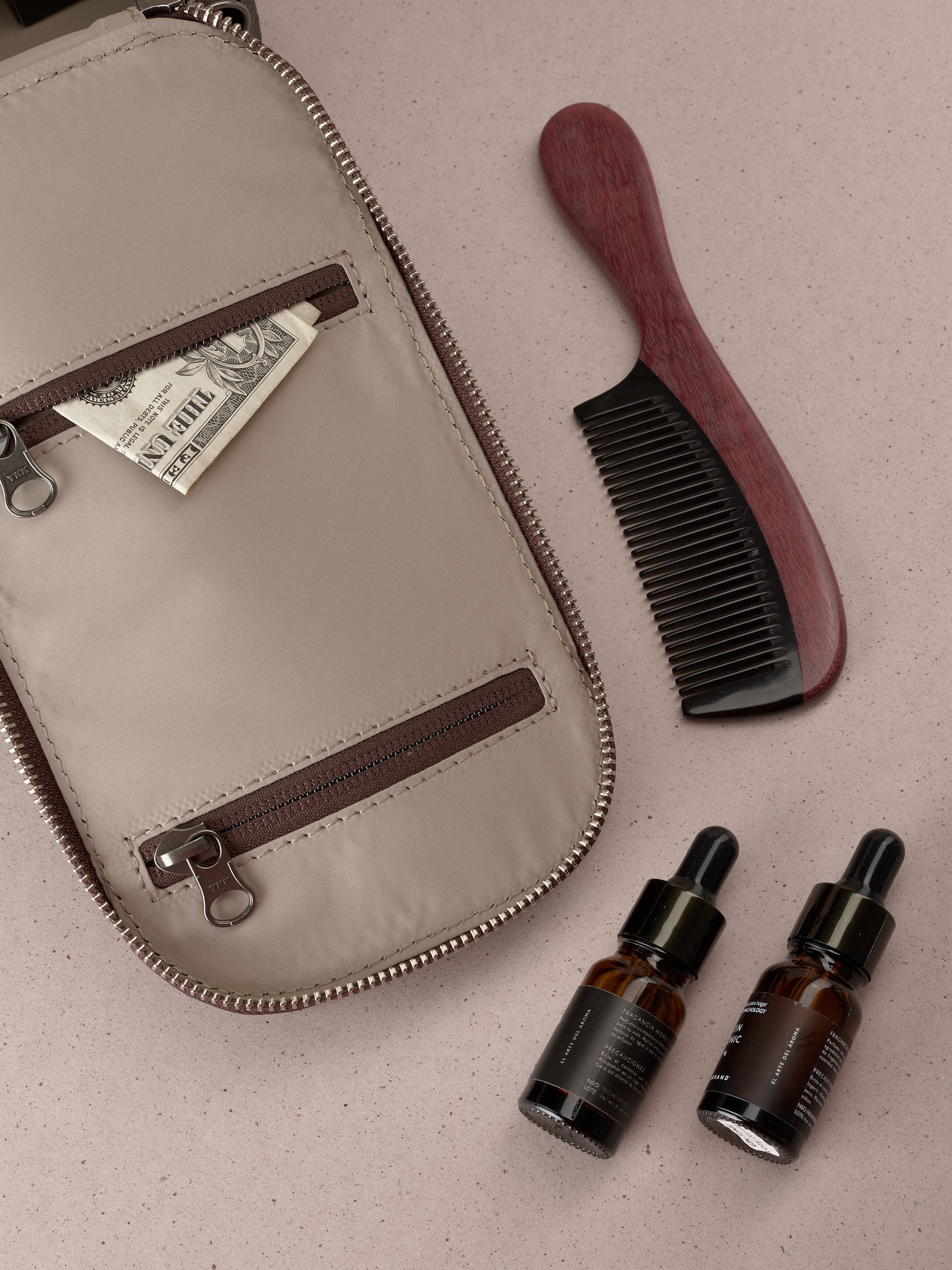 Small essentials pocket mens toiletry bag dark brown by Capra Leather