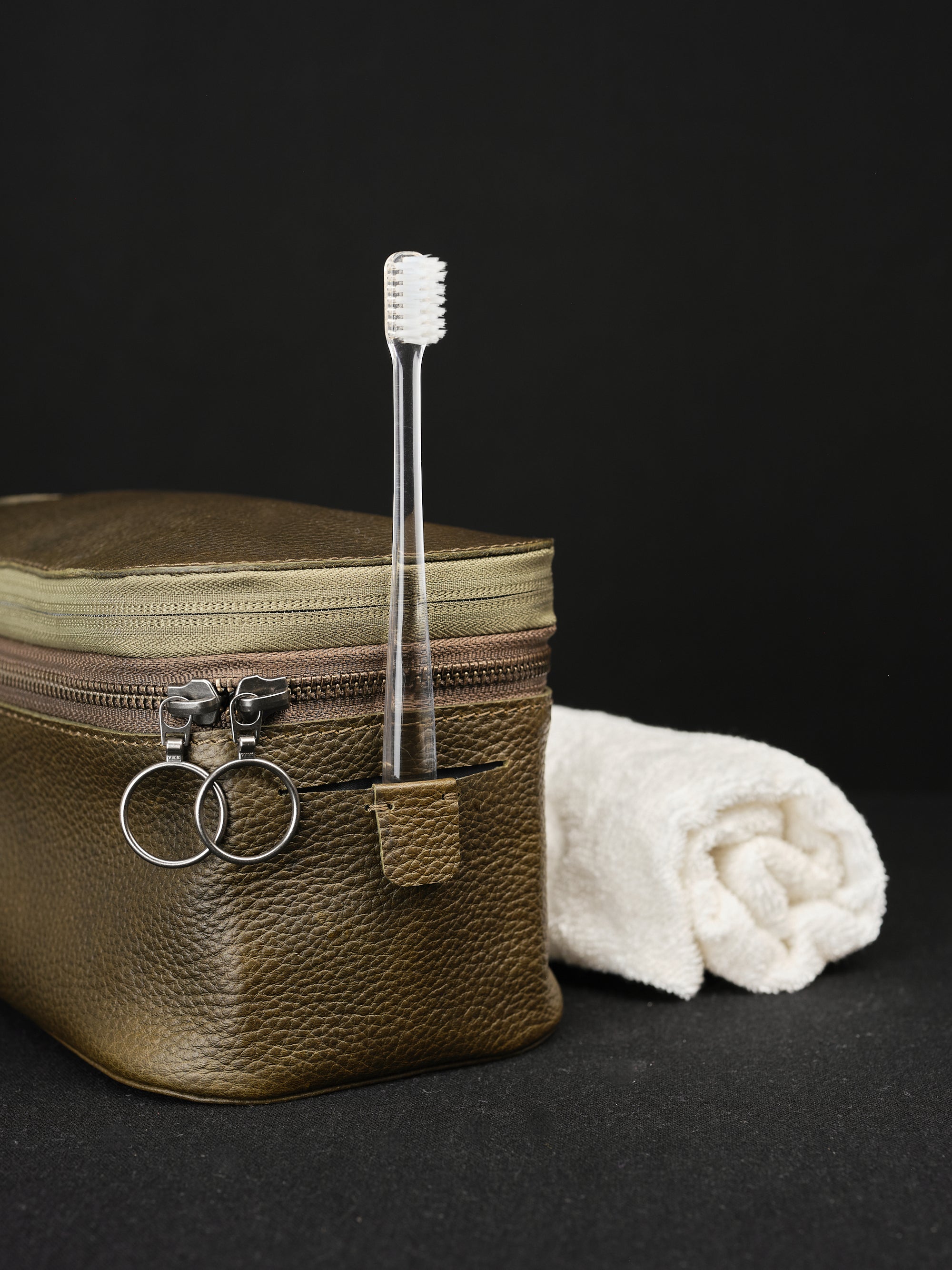 Toothbrush Stand. Leather Toiletry Bag Green by Capra