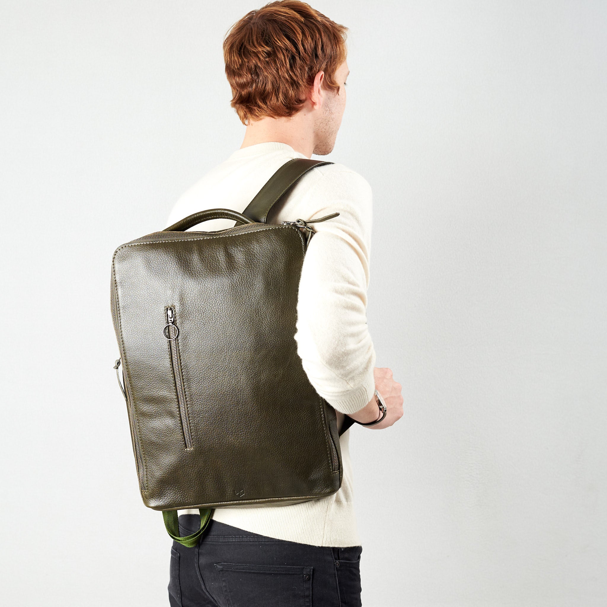 Men's Green Leather One Shoulder Backpack