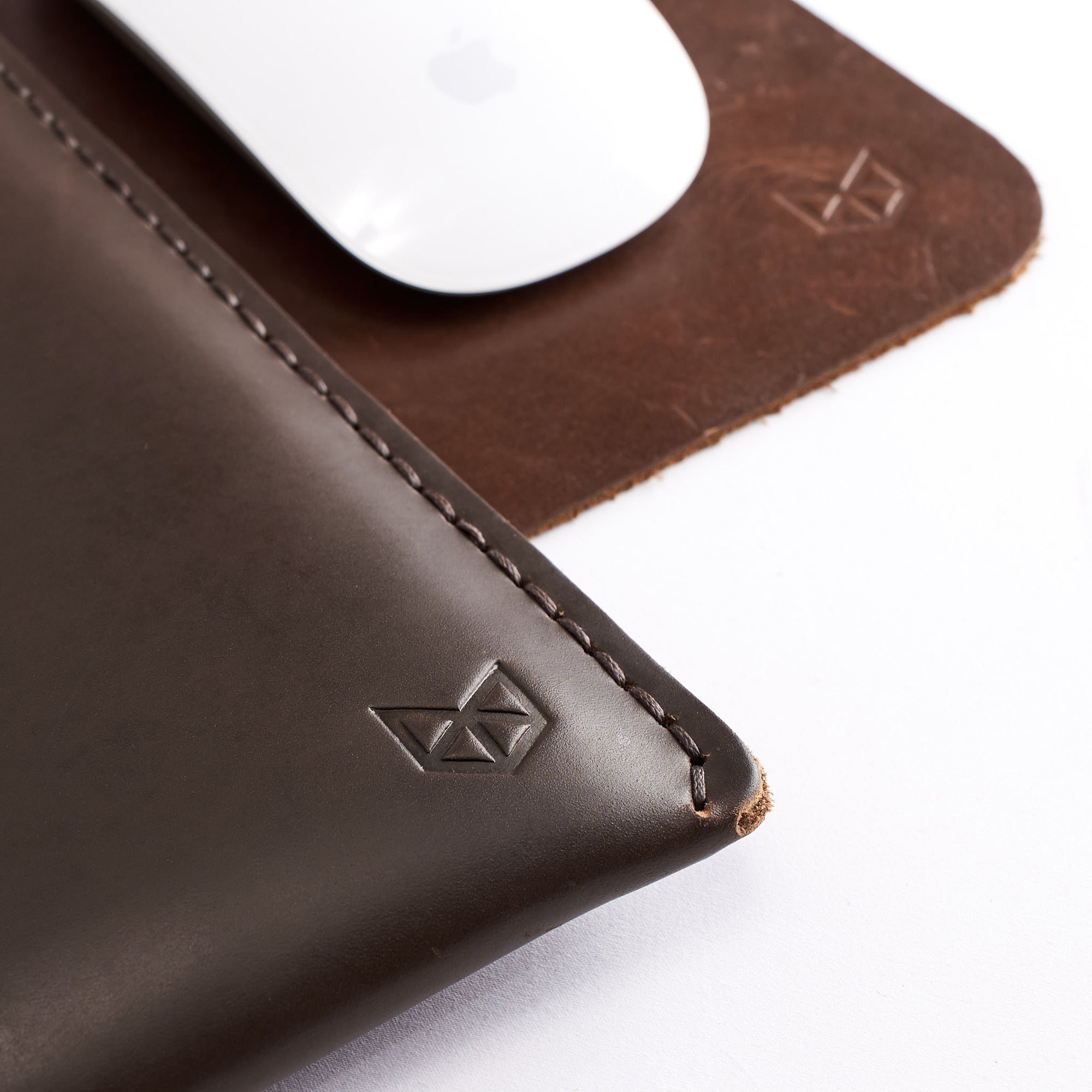 Close up. Brown Leather MacBook Folio. Slant MacBook Sleeve by Capra Leather